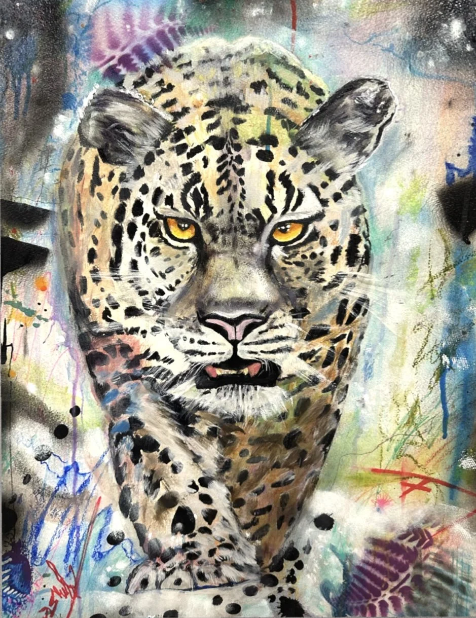 Colorful painting of a leopard with yellow eyes, surrounded by abstract paint splatters and patterns.