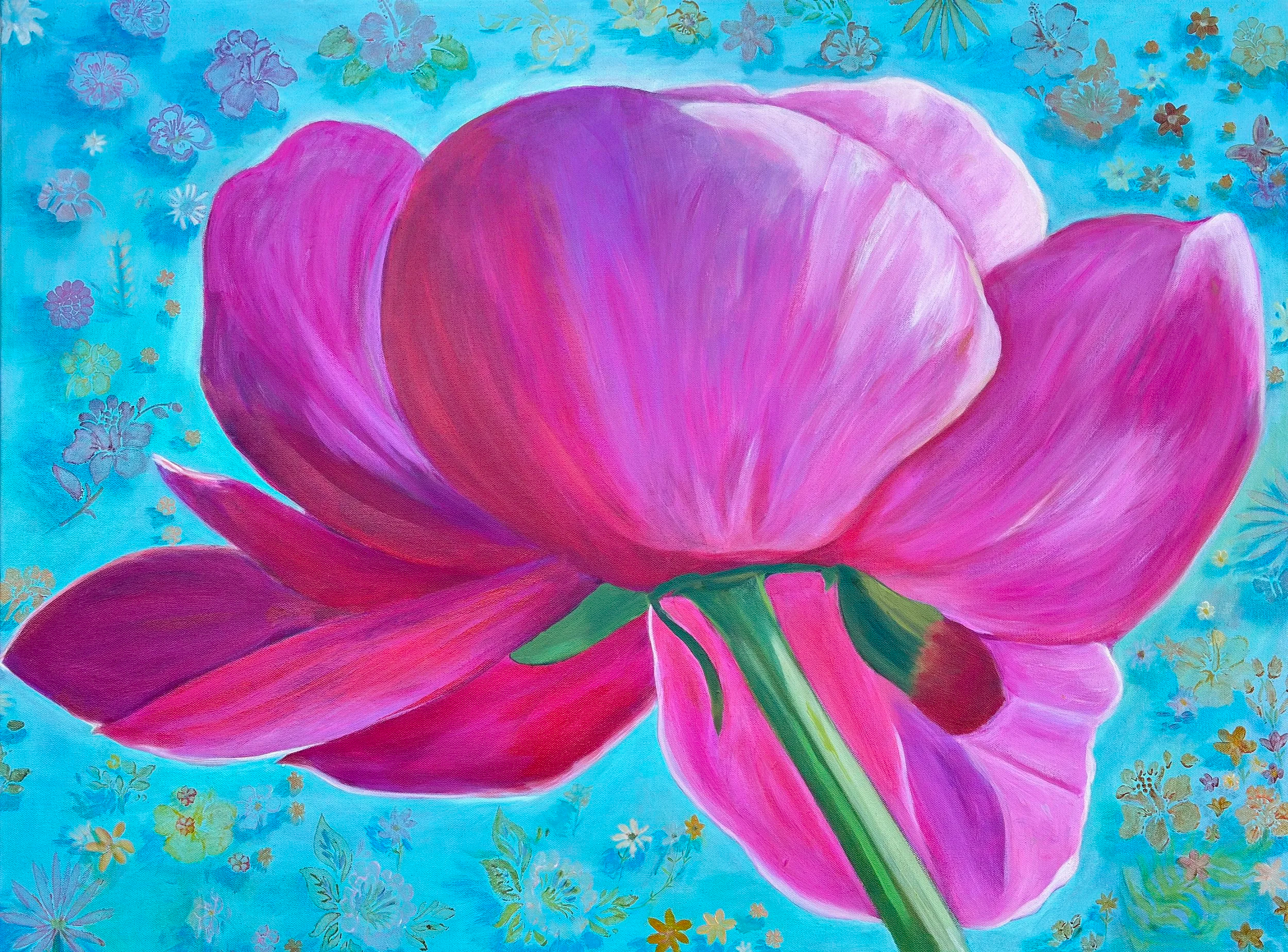 A colorful painting of a pink and purple flower, possibly a magnolia, with a blue background decorated with various small, detailed flowers and butterflies.