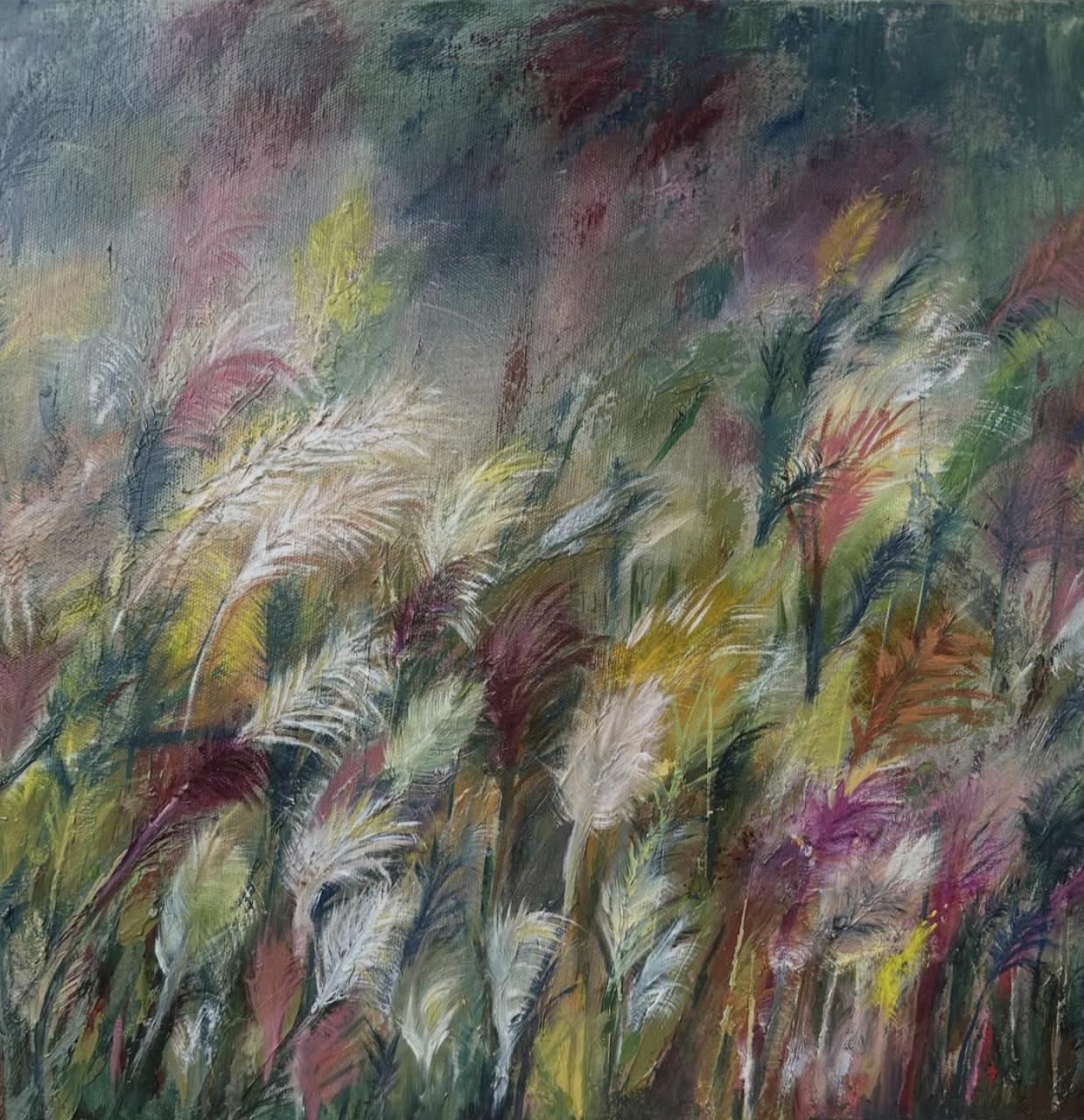 Abstract painting of tall grasses and reeds in various colors, including yellow, green, pink, white, and purple, with a dark, muted background.