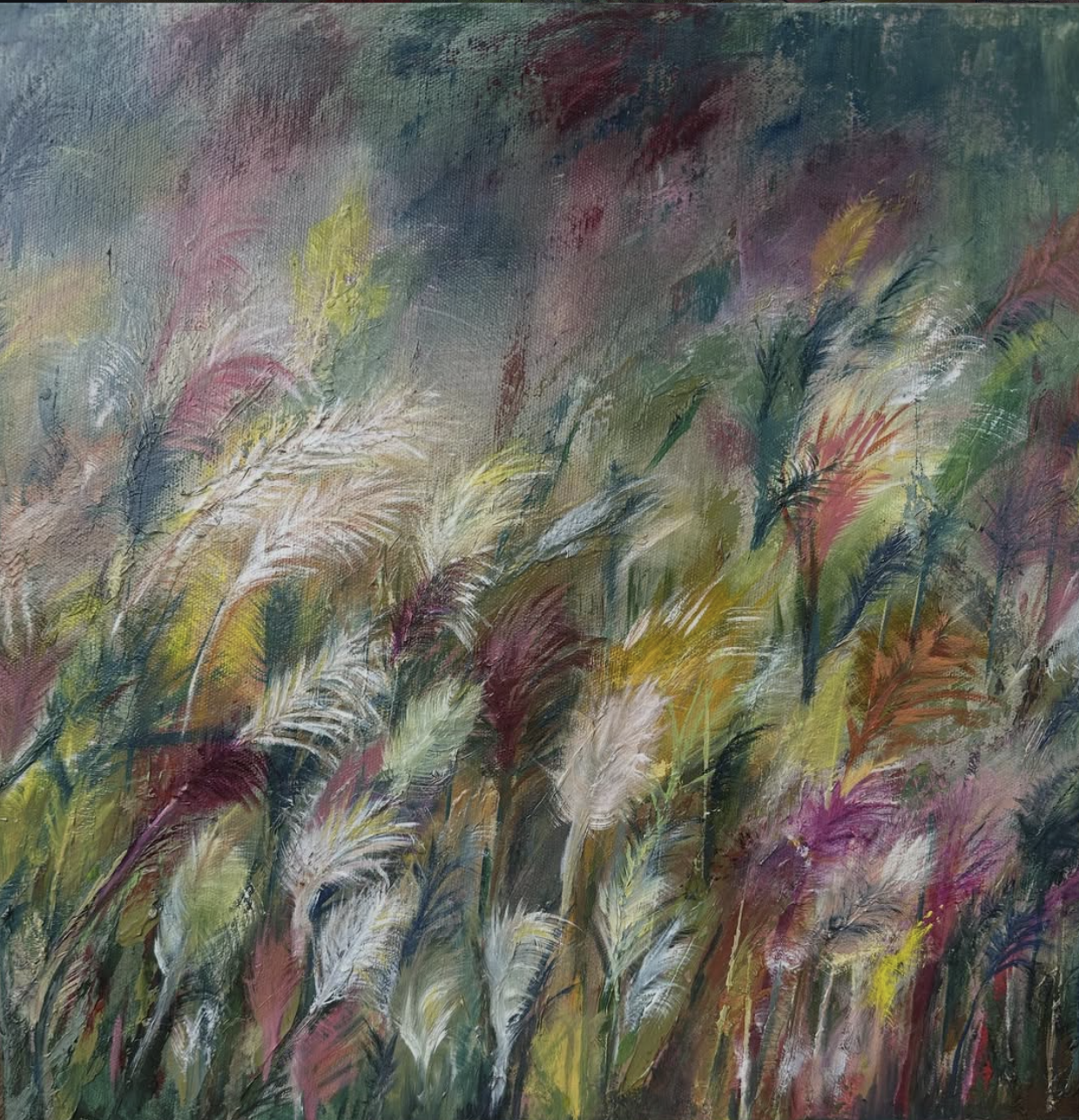 Abstract painting of tall, feathery grasses in various shades of yellow, white, purple, green, and red on a textured canvas background.