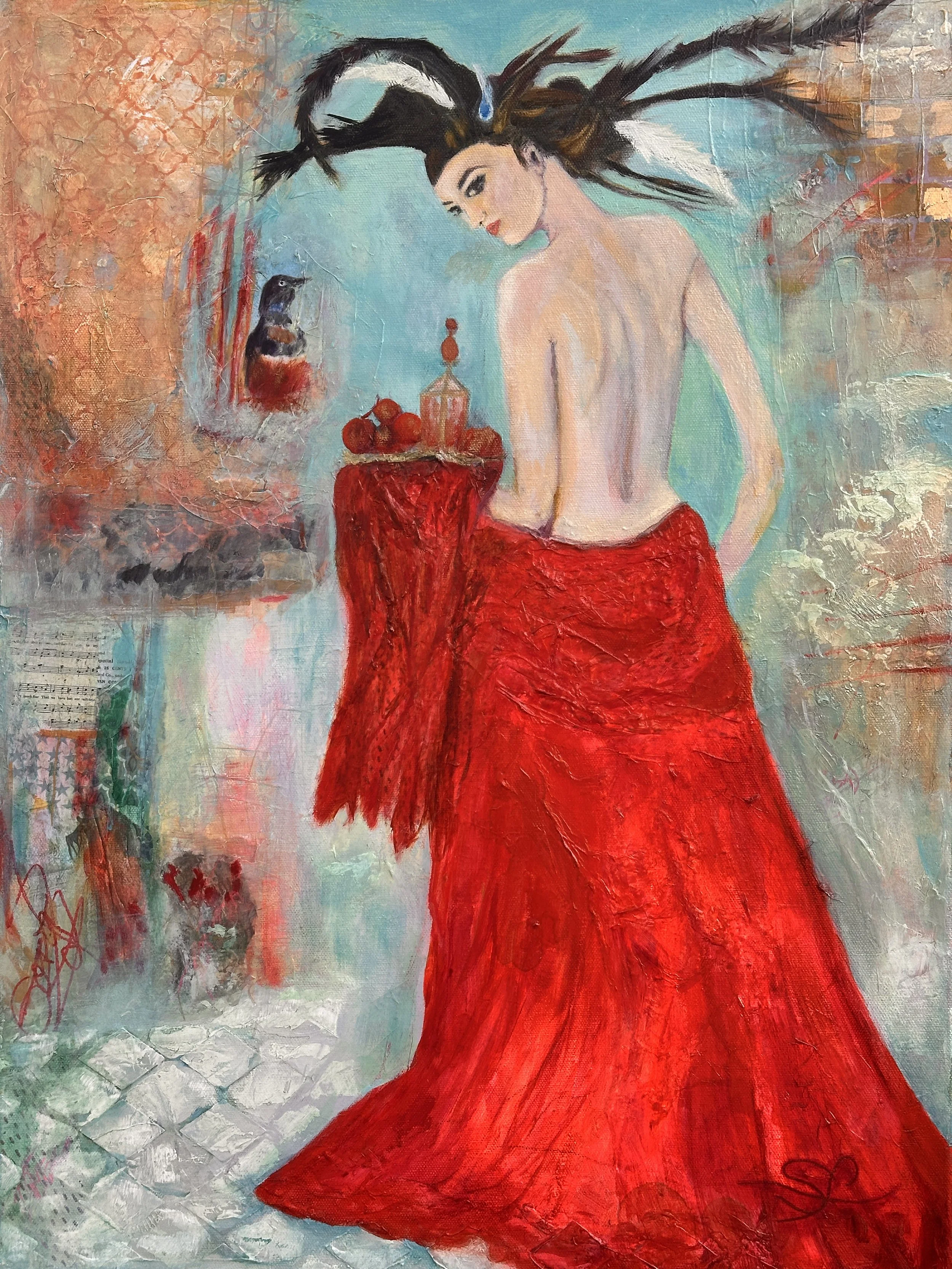 A painting of a woman with long, flowing hair wearing a red skirt, standing next to a red pedestal with apples and a small decorative object on top. There is an abstract background with textures and colors including blue, orange, and metallic shades.