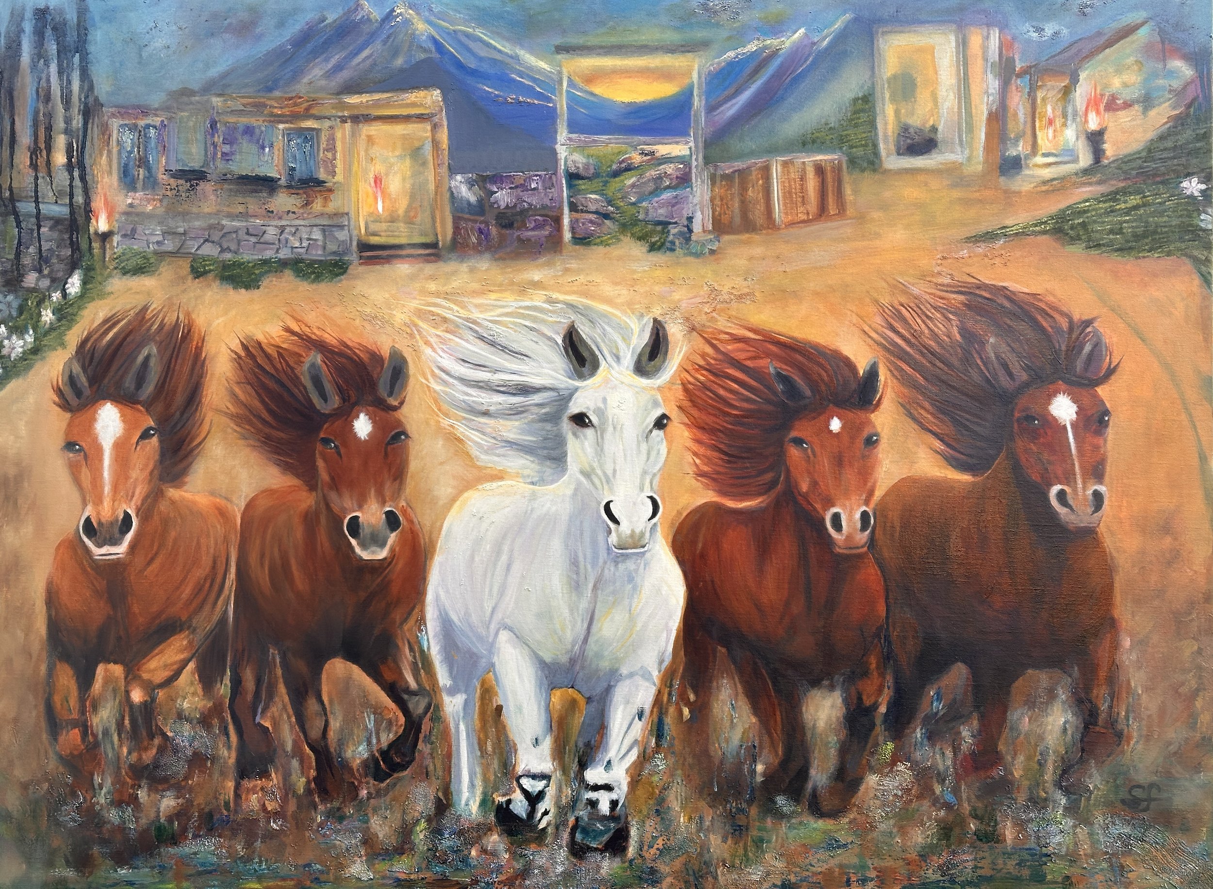 A colorful painting of six horses walking toward the viewer with a background of mountains, a partly cloudy sky, and rural structures.
