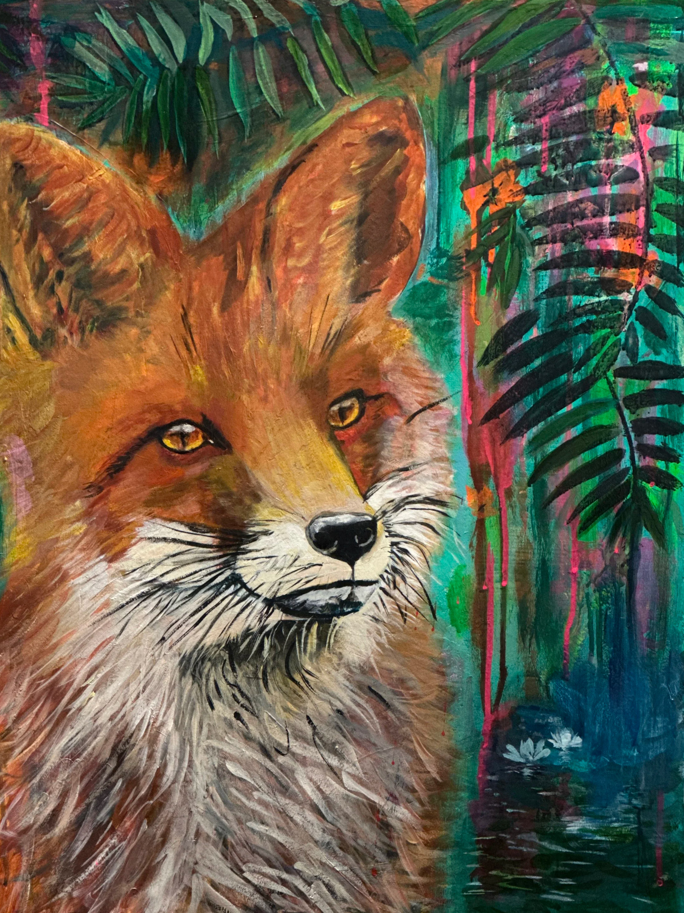 A colorful painting of a fox surrounded by lush green leaves and vibrant abstract backgrounds.