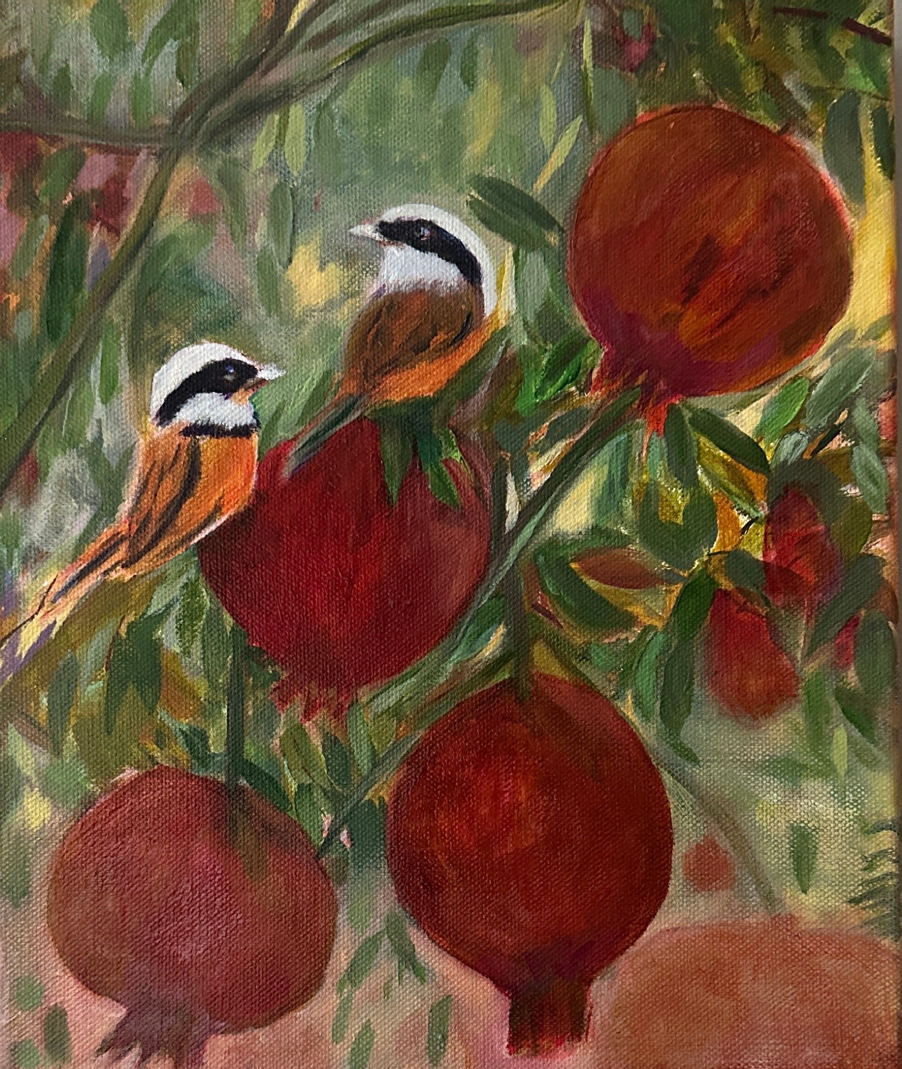 A close-up painting of several ripe red strawberries with green leaves and stems, depicted in an impressionistic style with visible brushstrokes.