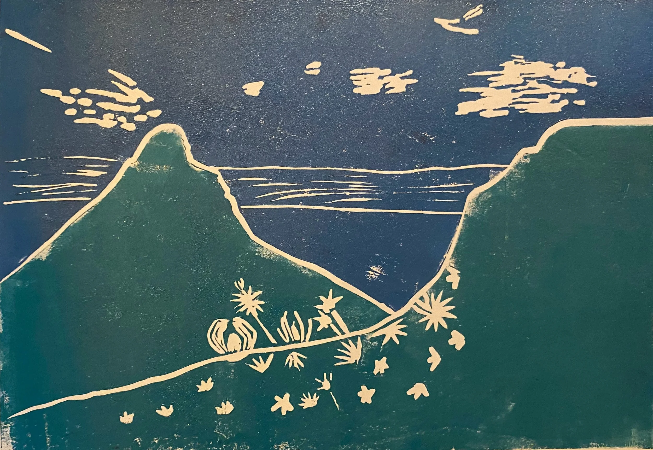linoprint in duotone, mountain against the ocean and sky, with wildflowers in the background