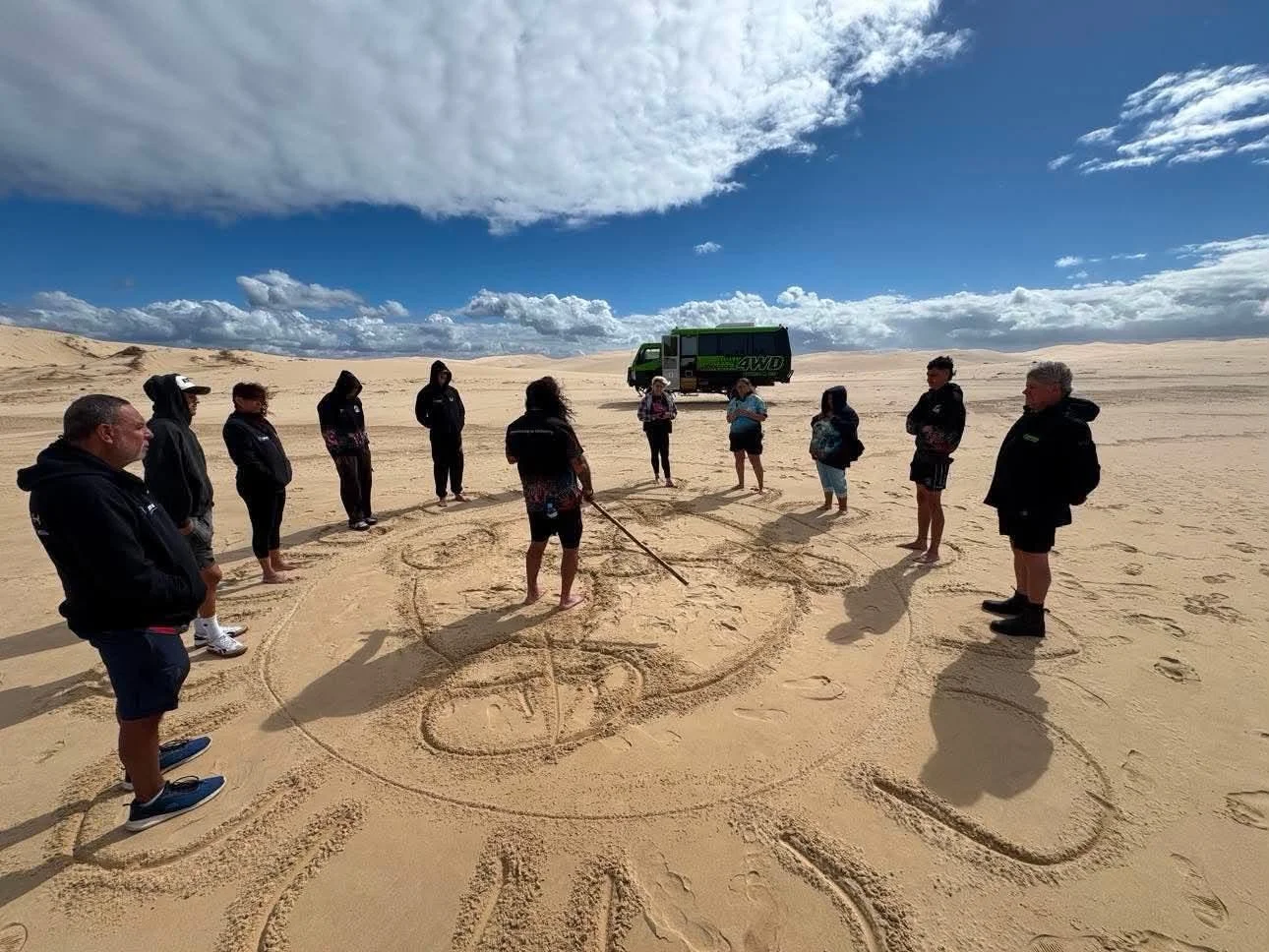 Group of people standing in a circle on a sandy desert, with a person drawing in the sand using a stick, and a green off-road vehicle in the background under a partly cloudy sky.