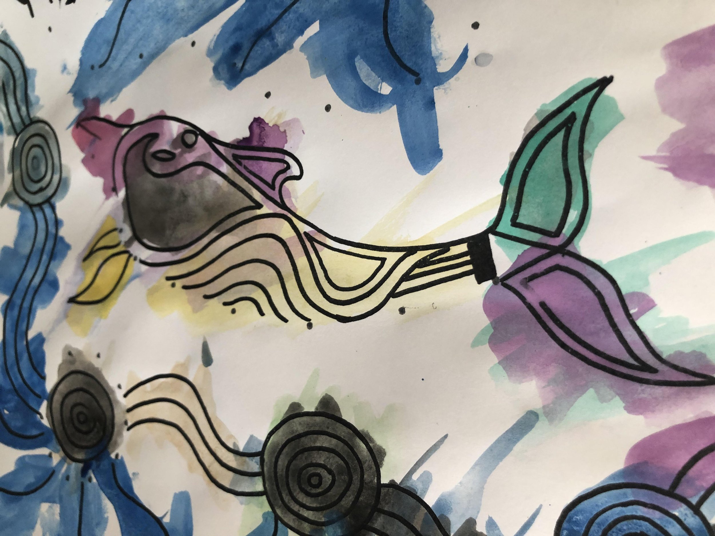 Colorful abstract watercolor painting with black line art and splashes of blue, purple, yellow, pink, and green.