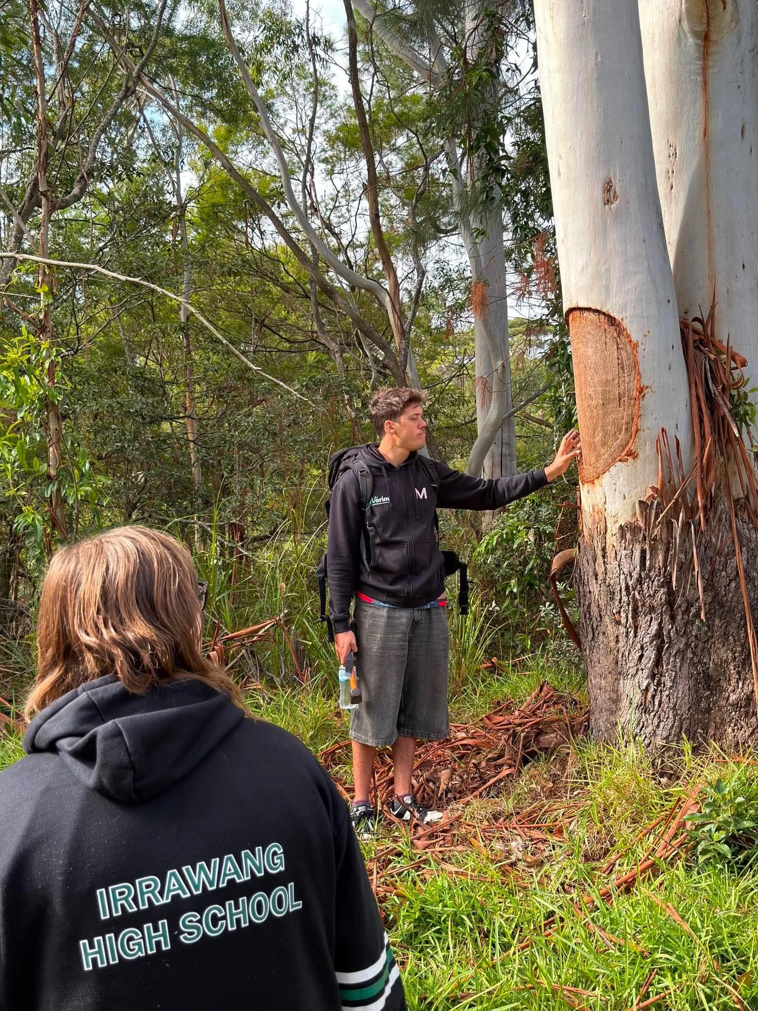 A young man in a black jacket and shorts pointing at a large, freshly cut tree trunk in a dense forest, with two women seated on the ground nearby, one with long blonde hair and the other with short hair, during daytime.