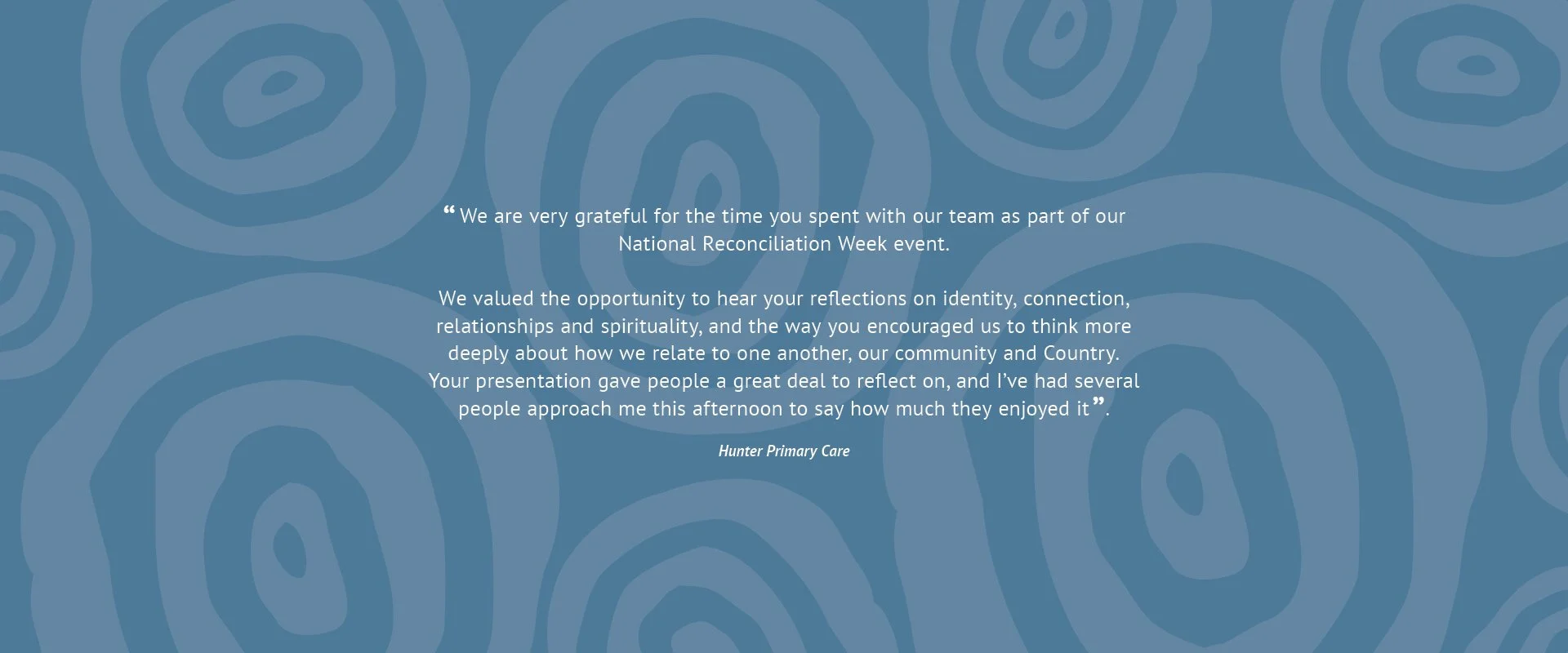 A client testimonial on a blue background with a wood grain pattern, expressing gratitude for participation.