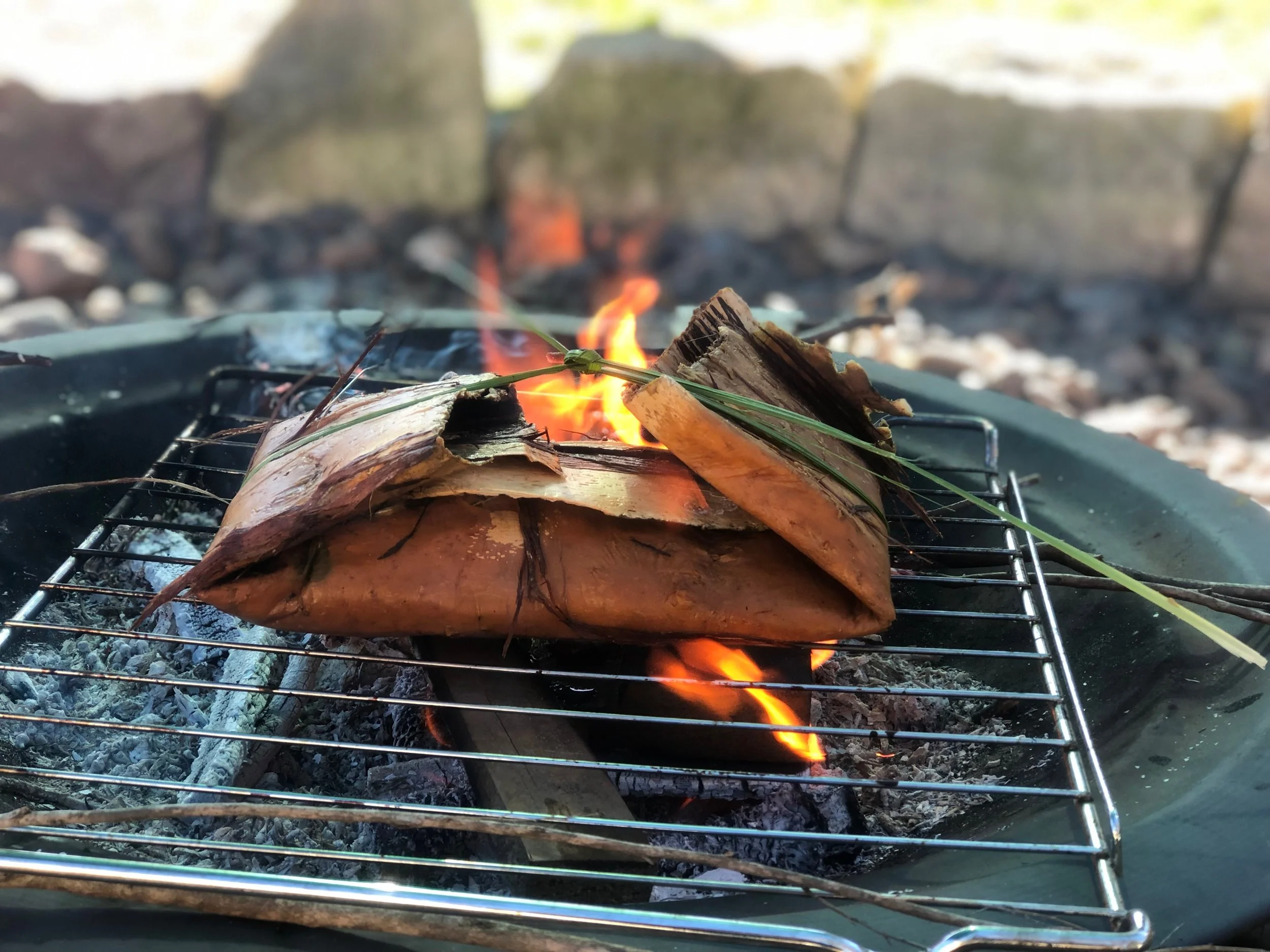 Small campfire with burning wood on a grill over ashes, with a stone wall in the background.