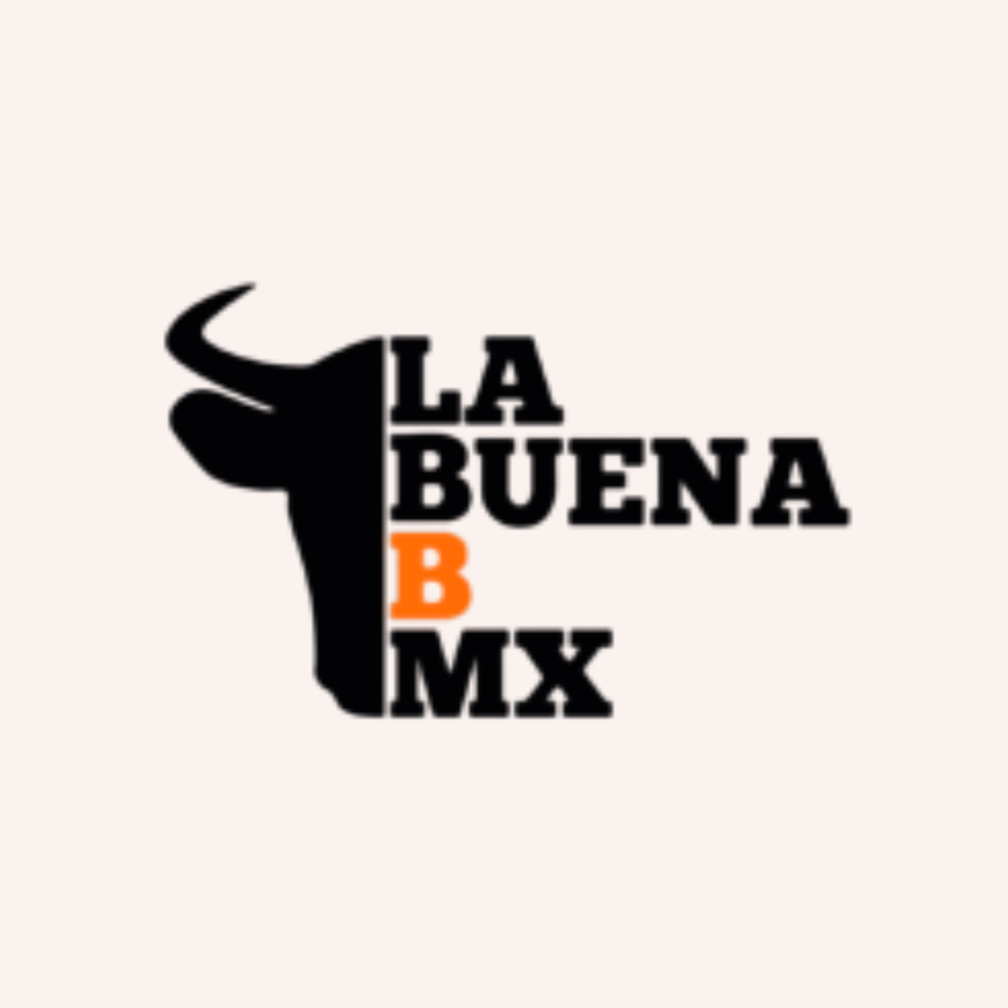 Logo con una cabeza de toro negro y texto que dice "La Buena B MX", con la letra B en color naranja.
