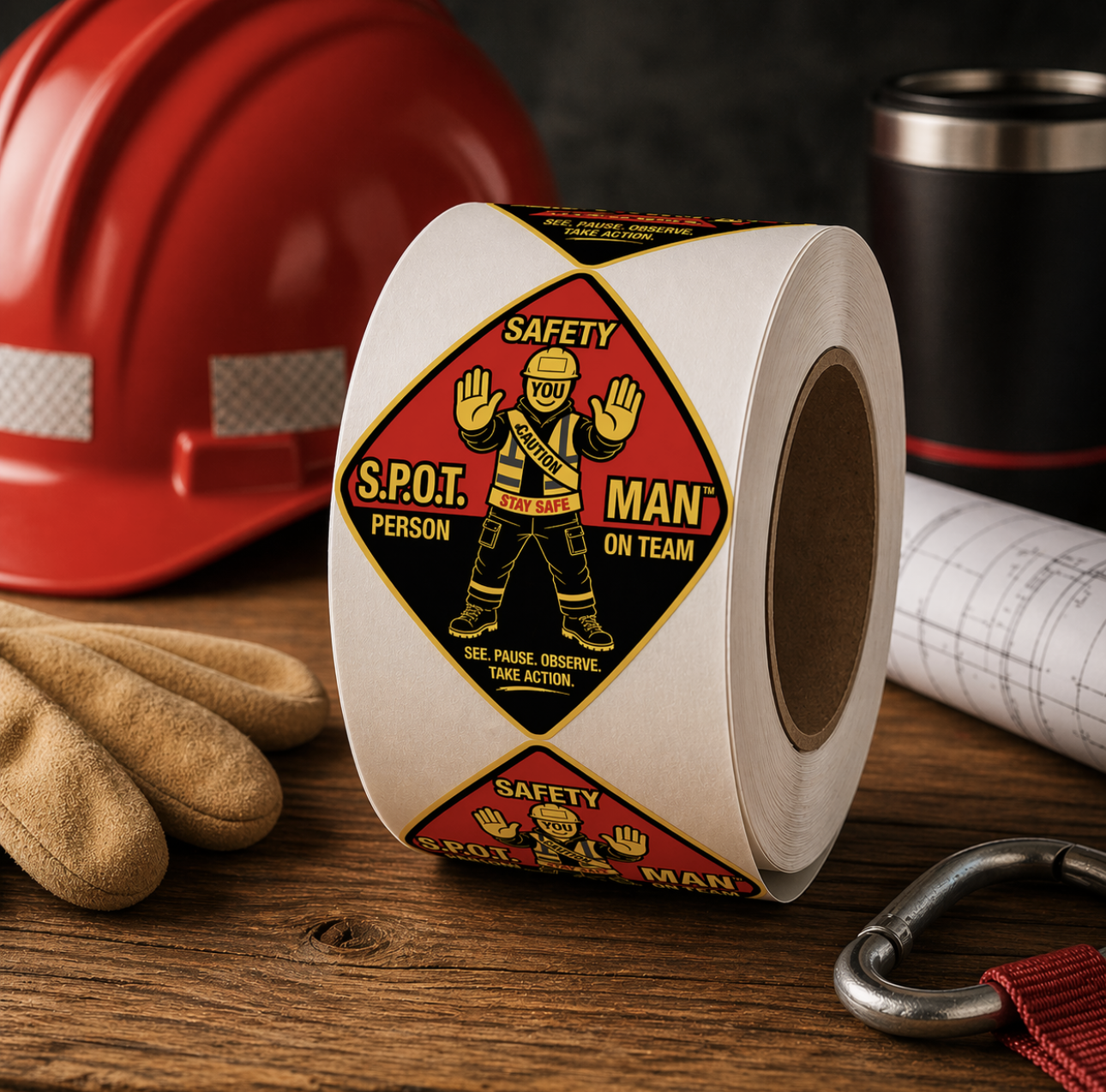 A roll of safety inspection labels with a construction worker graphic, placed on a wooden workbench surrounded by a red safety helmet, a pair of work gloves, a blueprint, a carabiner, and a black thermos.
