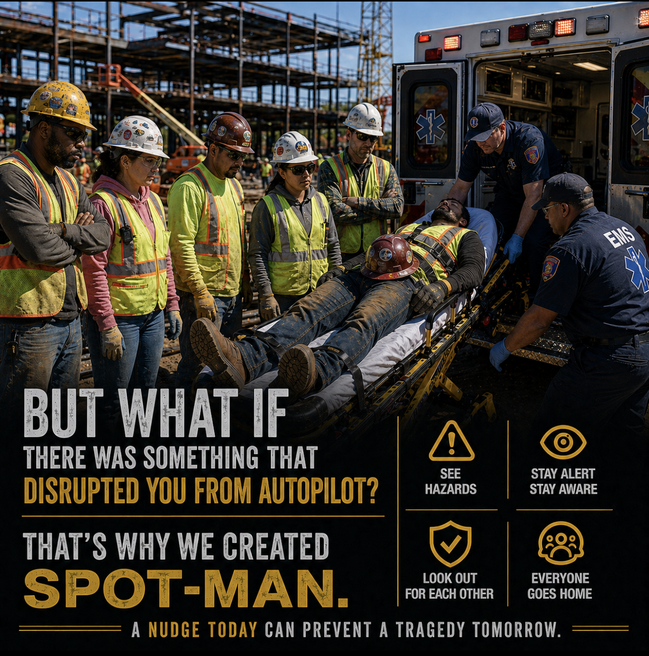 Emergency responders attend to a person lying on a stretcher at a construction site, with others standing nearby. The scene emphasizes safety and alertness, with text advocating for hazard awareness to prevent tragedies.