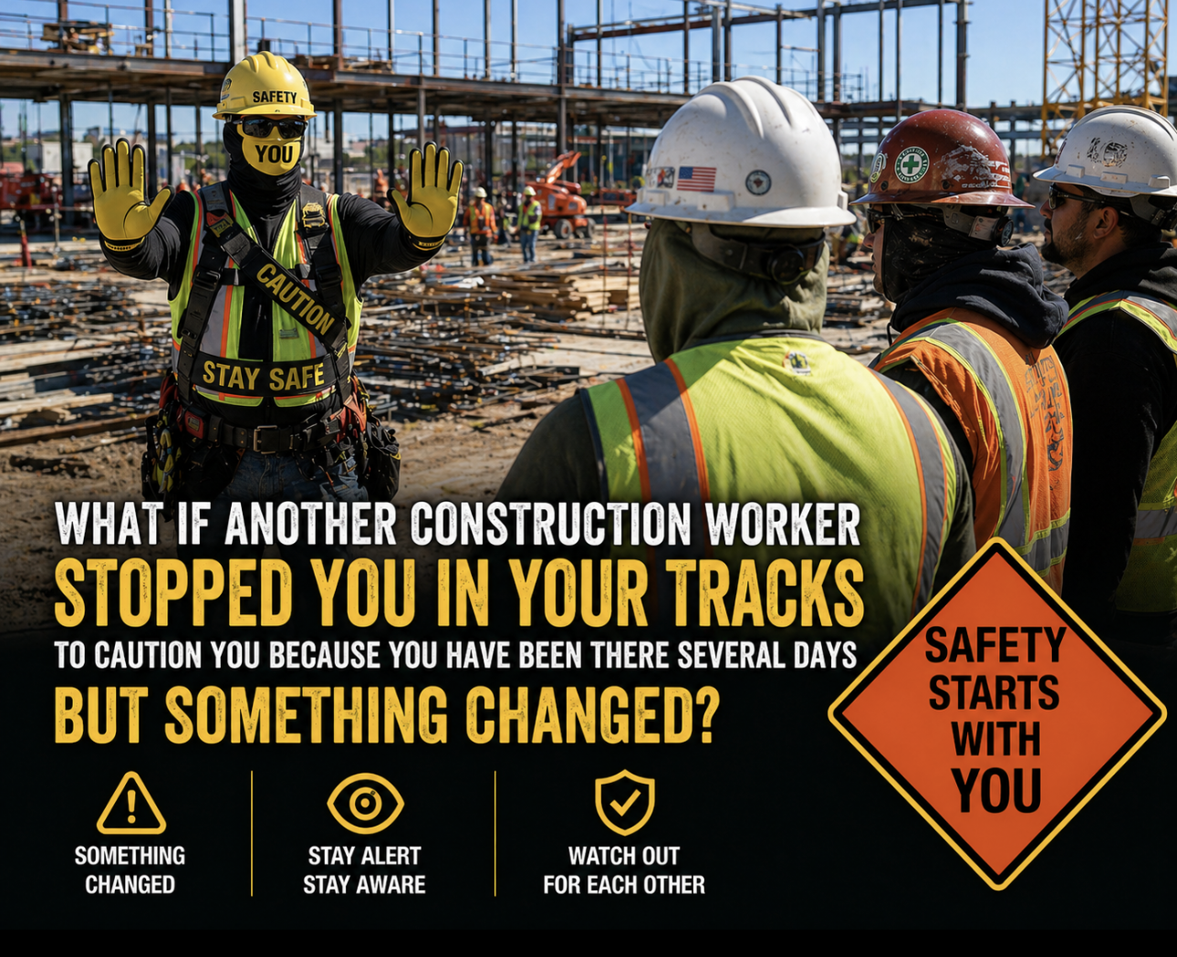 A construction site with workers in safety gear, including helmets and vests. One worker is raising his hands in a warning gesture. The image has safety messages about construction safety and awareness.