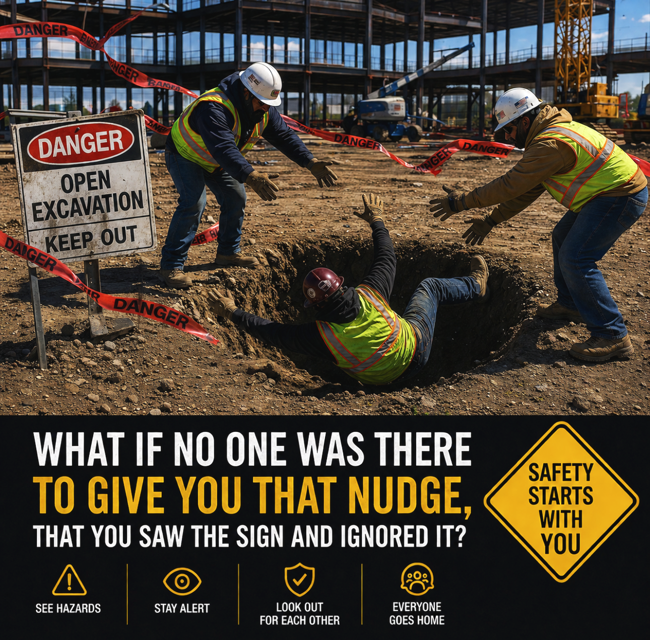 A construction site with three workers in safety vests and helmets, two helping a third who has fallen into an open excavation. Red "Danger" tape surrounds the area, and there is a sign that reads "Danger: Open Excavation Keep Out." The bottom of the image contains safety messages and icons emphasizing hazard awareness, vigilance, mutual watchfulness, and safety starting with oneself. The overall message questions the importance of heeding safety warnings.
