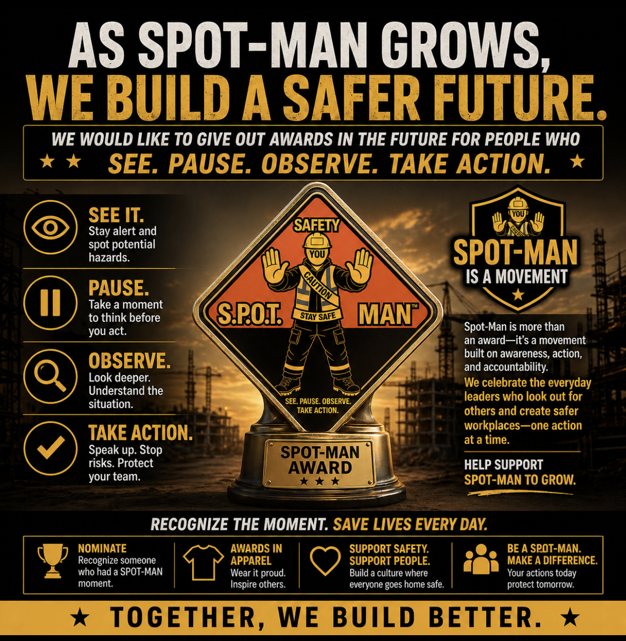 Poster promoting workplace safety and the importance of being a 'Spot-Man'. It emphasizes awareness, pause, observation, and action to create safer work environments. Includes a graphic of a safety worker with hands up, a trophy labeled 'Spot-Man Award', and various safety tips and encouragements.