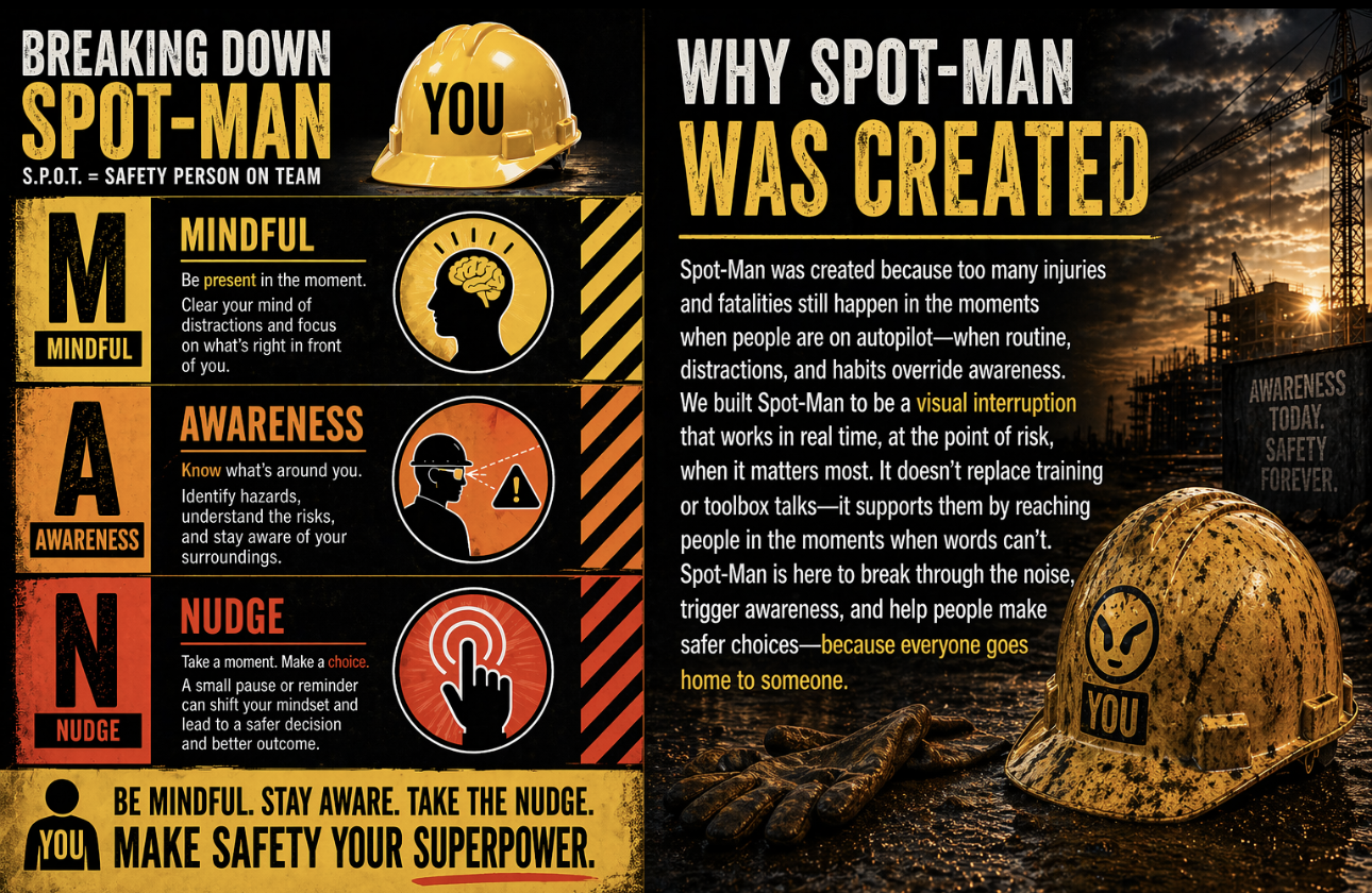 An infographic explaining the concept of a Spot-Man safety persona for workers, with sections on being mindful, awareness, and nudging. The infographic features icons, a construction helmet with a face sticker labeled 'you', and a construction site background at sunset.