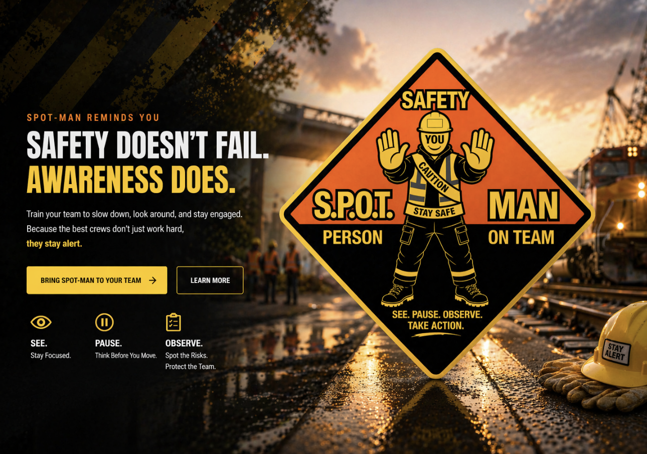 A safety awareness poster on a construction site at sunset, featuring a warning sign with a cartoon worker and safety messages in yellow and black, alongside safety equipment like a helmet and gloves on the ground.