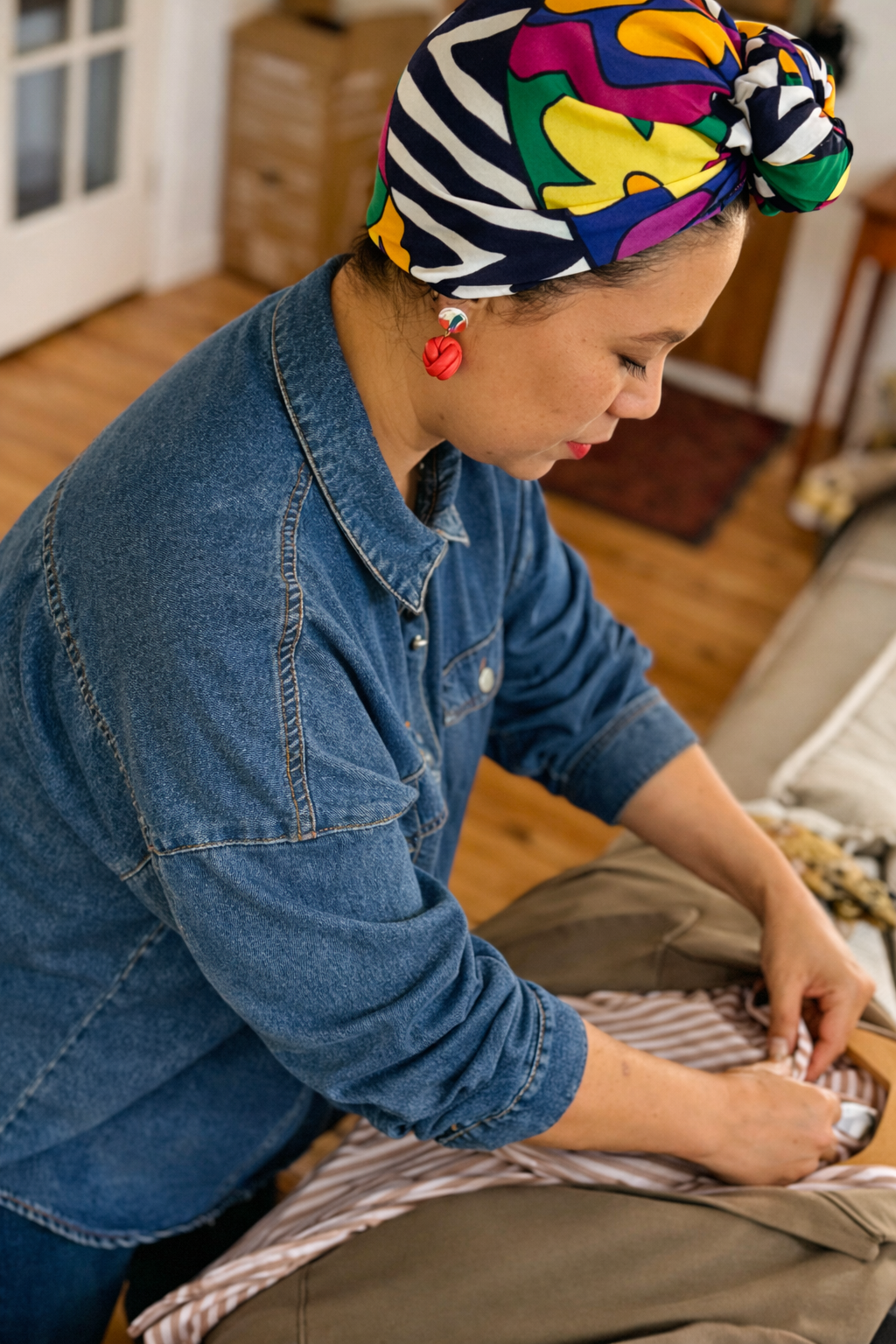 A woman wearing a colorful headscarf, denim jacket, and red earrings is sewing or adjusting clothing on a person lying on a bed or sofa.