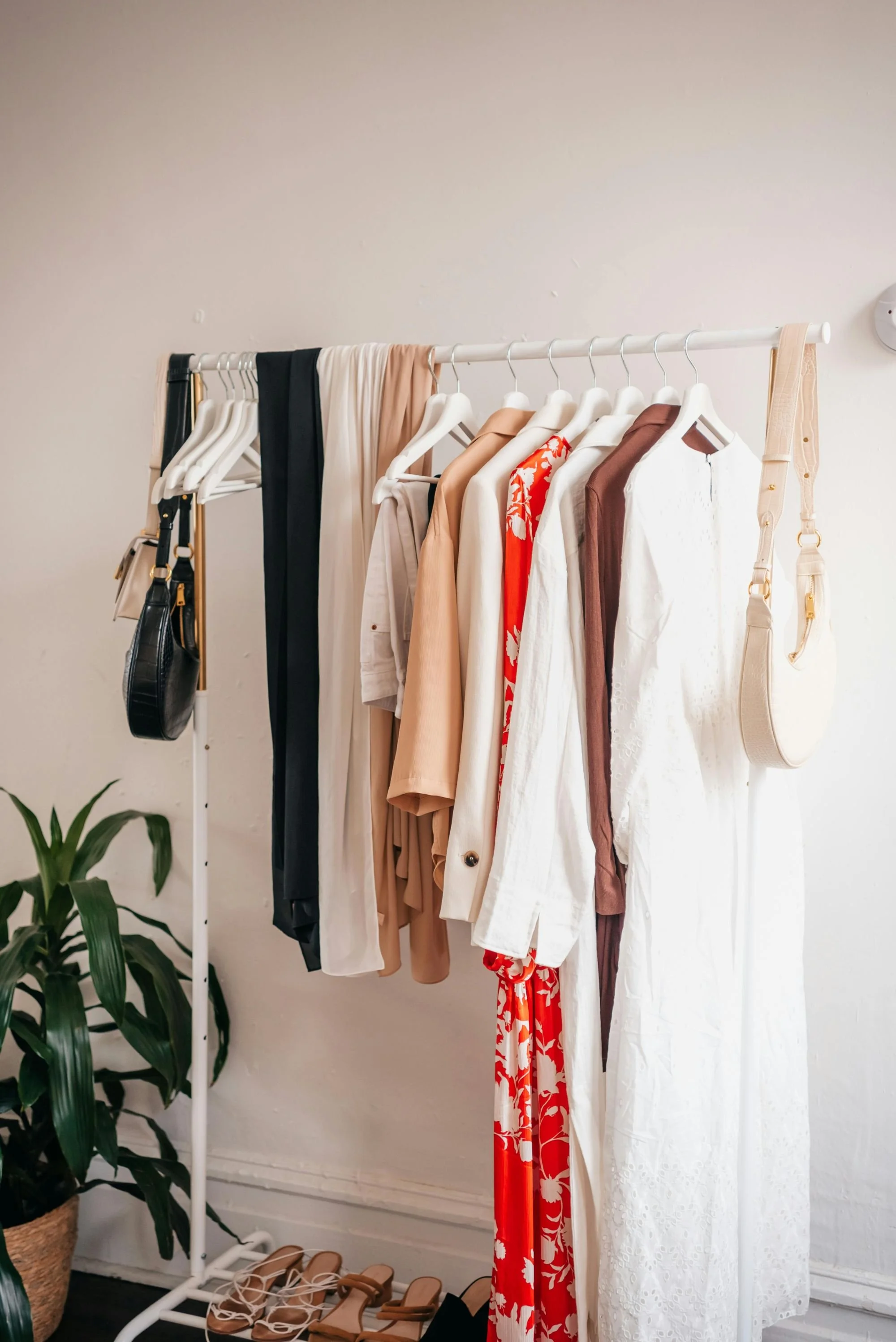 Clothing rack with various beige, white, red, brown, and black dresses and tops, with handbags hanging on the sides, situated next to a potted plant with green leaves in a woven basket, on a dark floor in front of a plain white wall.