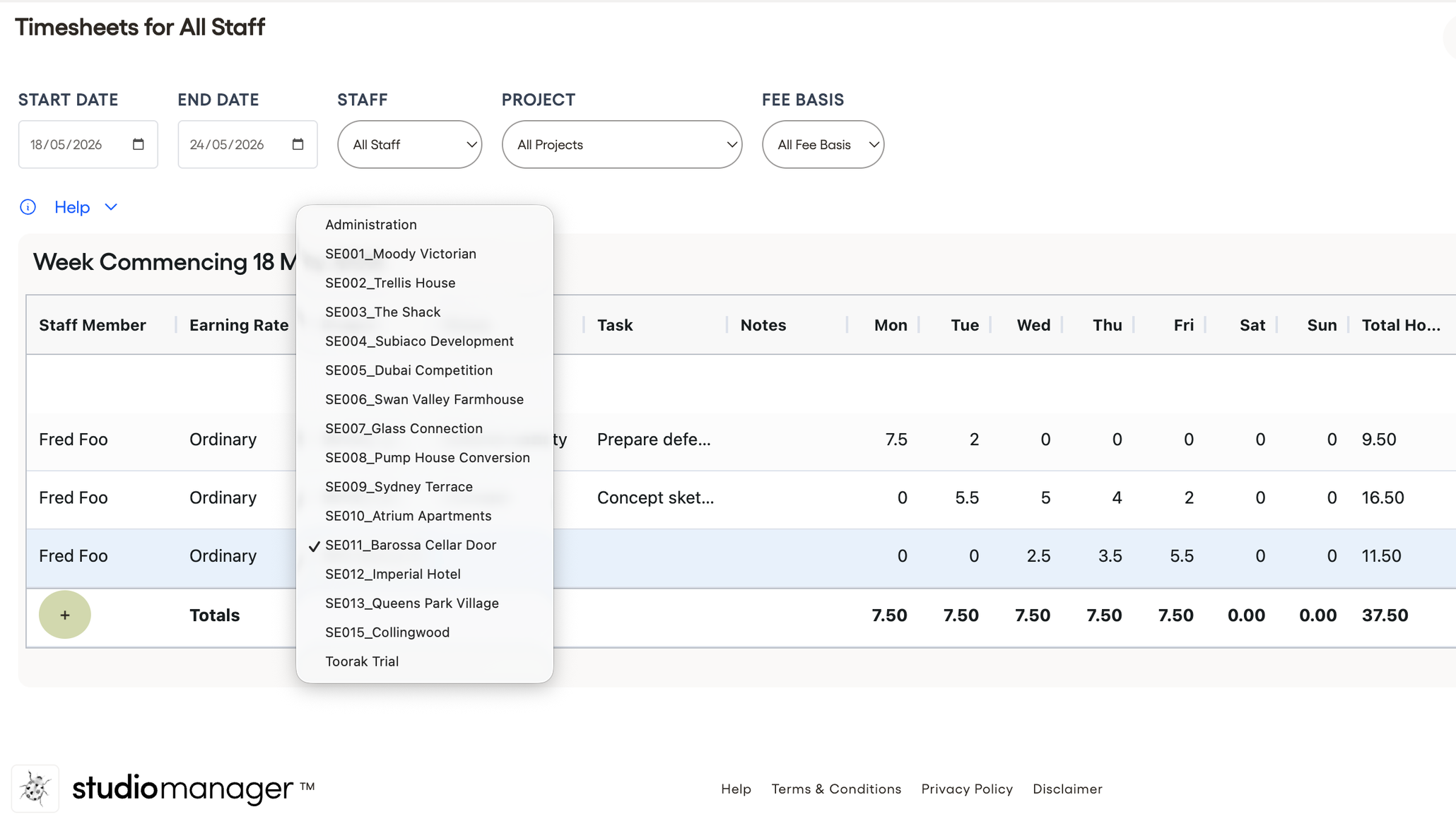 Studio Manager Timesheets - integrated timesheet tracking for design practices