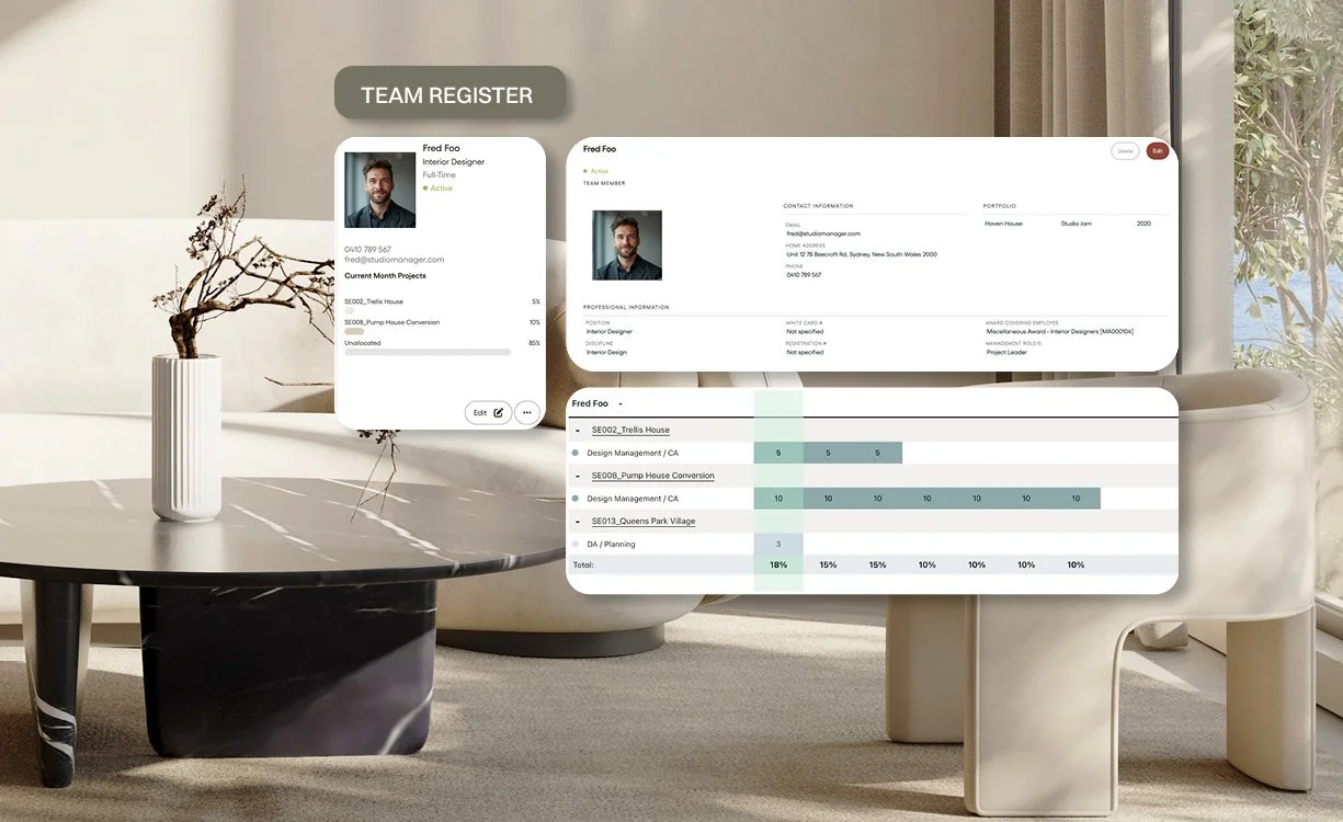 Studio Manager Team Register - architecture team resourcing and workload view