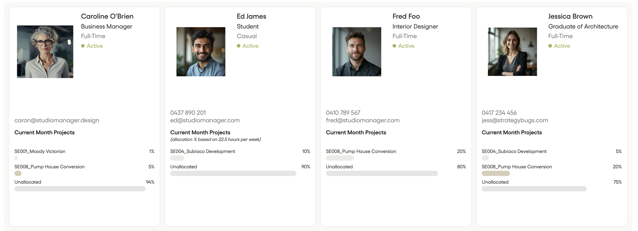 Studio Manager Team Register - architecture team resourcing and workload view