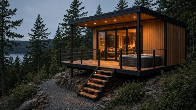 STEEL LEDGE — Sleeps 4 · 1 bed + loft bunk · 1 bath · ≈560 sf. A steel-and-wood perch with a cantilevered spa deck over the view.