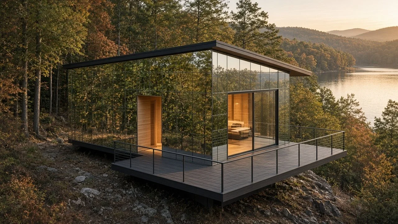 ECHO HOLLOW — Studio / 1 bath · 342 sf. A mirror-clad tiny cabin with lake views. Conceptual rendering. Final design may vary.