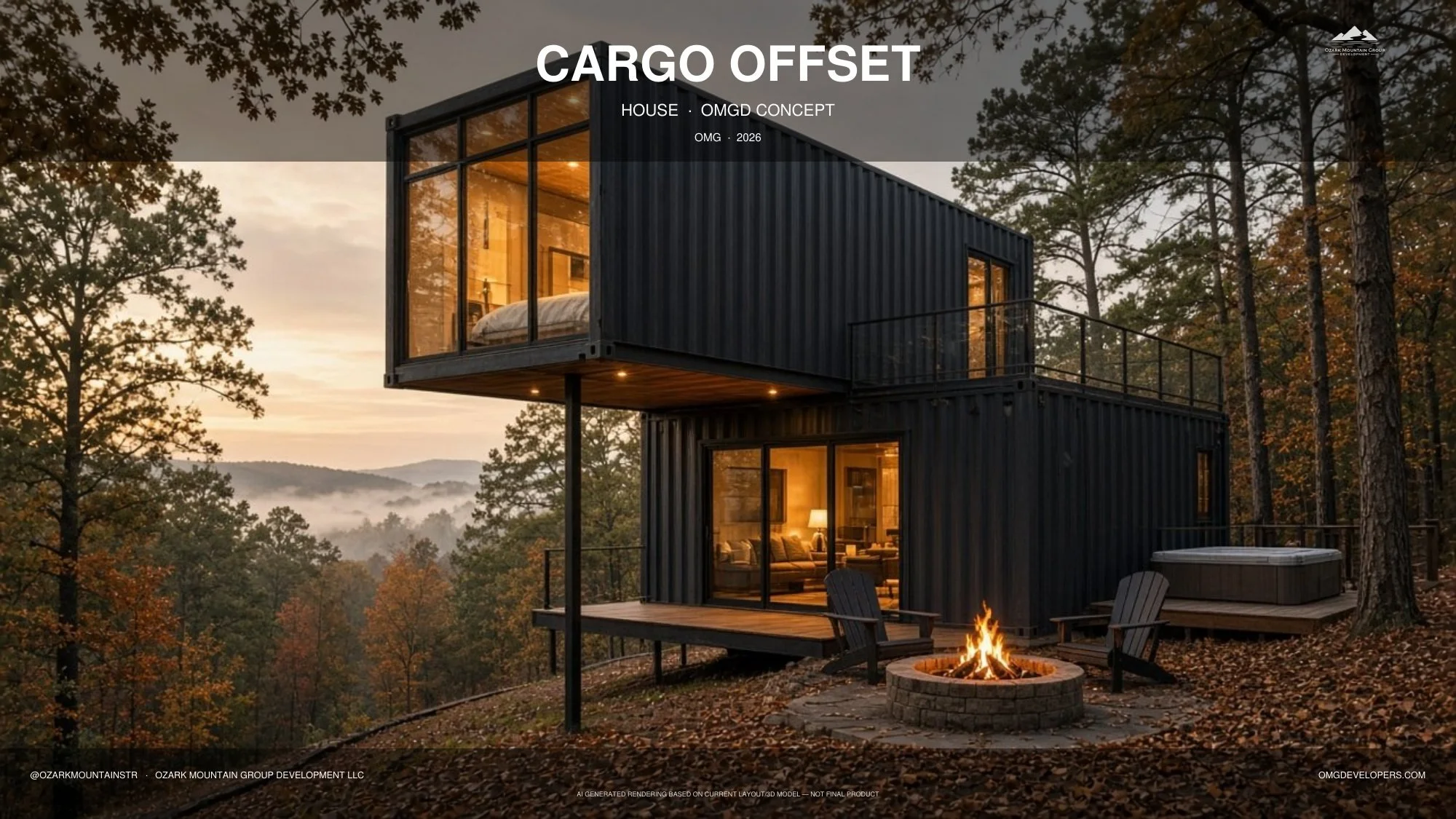 CARGO OFFSET — 2 bed / 2 bath · 960 sf. Three 40-foot high-cube containers, with a cantilevered upper module and a roof deck. Conceptual rendering. Final design may vary.