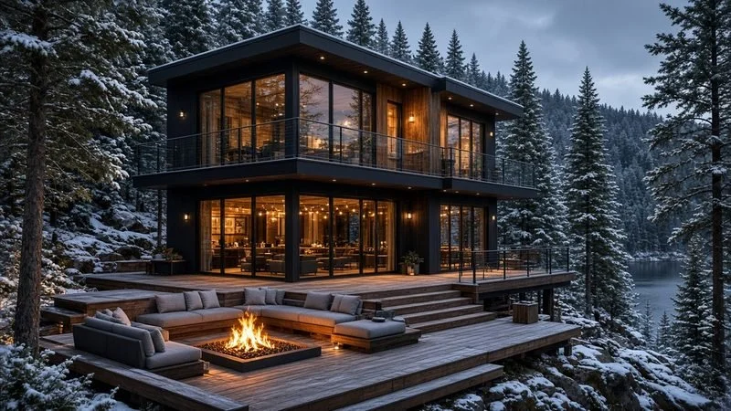 EMBER STACK — Sleeps 8 · 2 bed + loft bunk · 2 bath · ≈980 sf. Two stacked glass volumes over a sunken fire pit, made for winter nights.