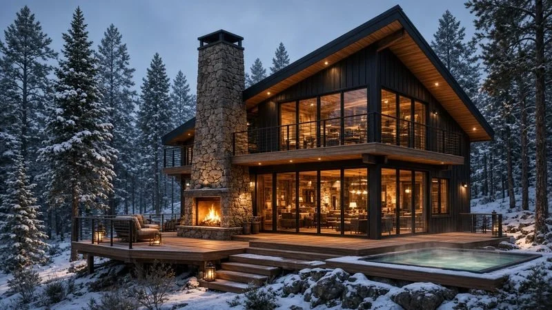 ASH GABLE — Sleeps 8 · 2 bed + loft bunk · 2 bath · ≈1,180 sf. A snow-season lodge with a dark gable, a towering stone hearth and a spa.
