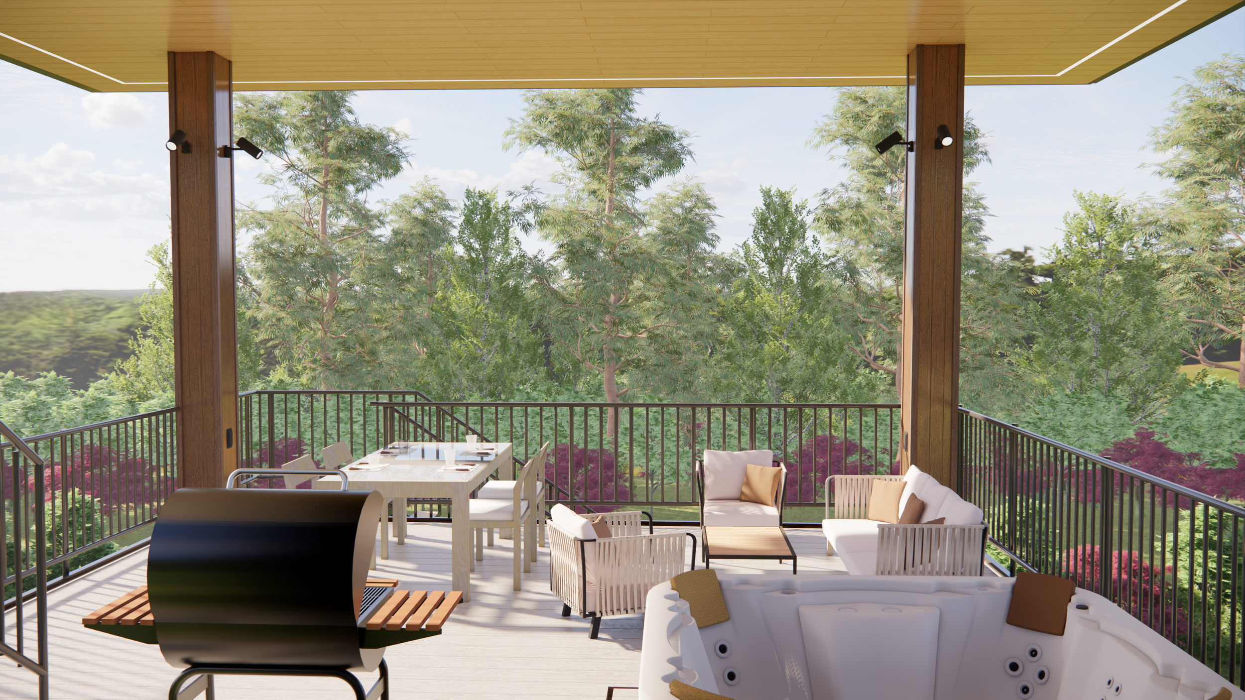 Outdoor balcony with seating area, including a hot tub, lounge chairs, and dining table, overlooking lush trees and greenery.