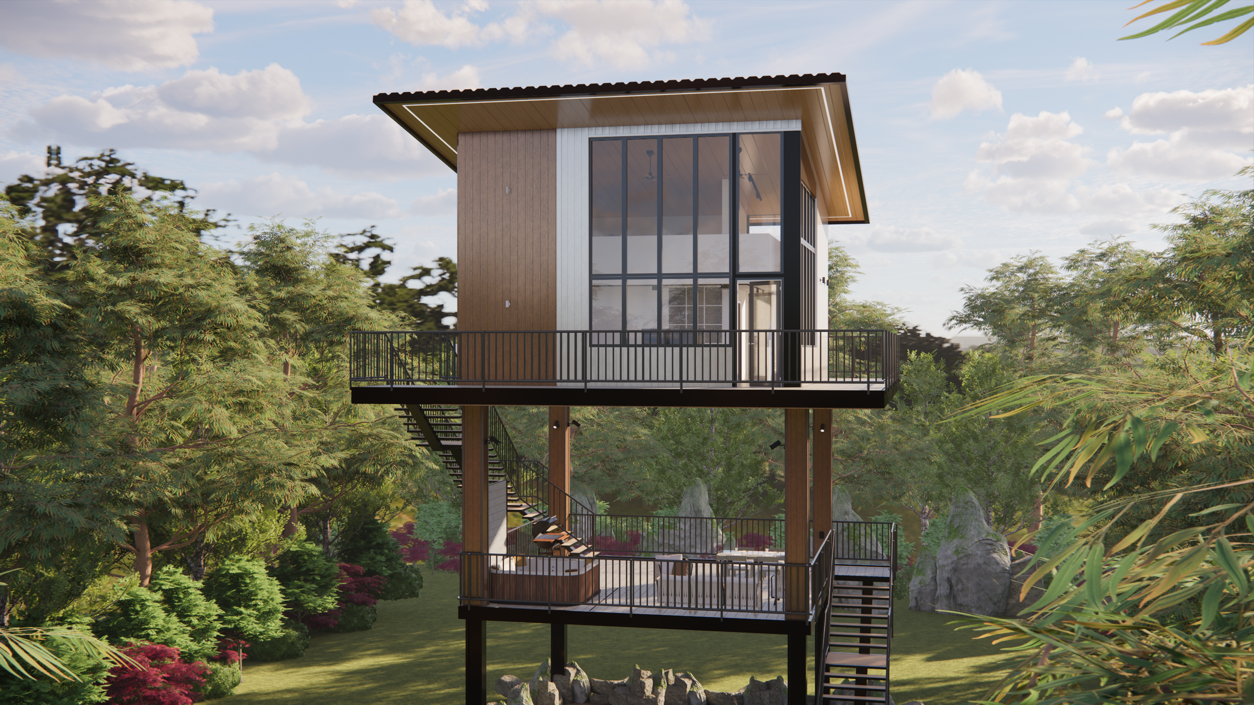 Modern two-story house on elevated stilts surrounded by lush greenery and rocks, featuring large glass windows, a wrap-around balcony, and a staircase leading to the ground.