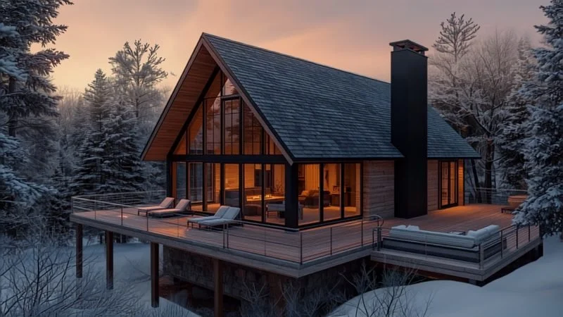 GLASS GABLE — Sleeps 6 · 2 bed + loft · 2 bath · ≈1,180 sf. A glowing glass gable in the trees, with fireside evenings inside and stars from the spa deck.