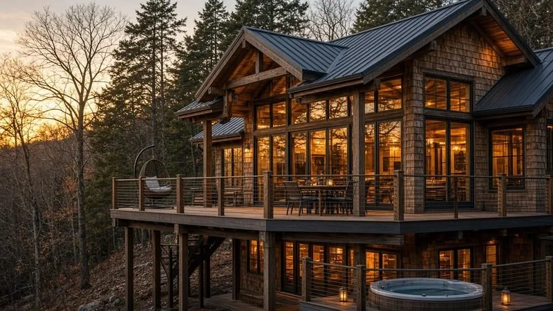 CEDAR OVERHANG — Sleeps 6–8 · 2 bed + loft · 2 bath · ≈1,180 sf. Tree-level living under a heavy-timber overhang, with wrap decks and a spa.