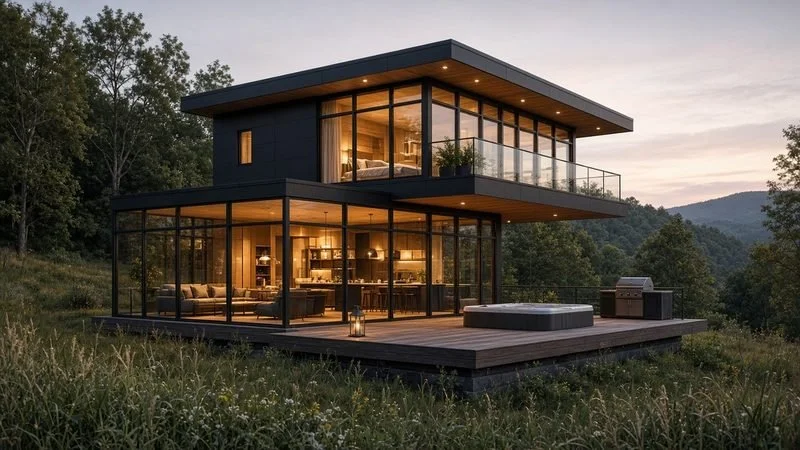 CANTILEVER CUBE — Sleeps 6 · 1 bed loft + bunk niche · 1.5 bath · ≈780 sf. Offset modern volumes over a spa deck, with a glass-cube living room.