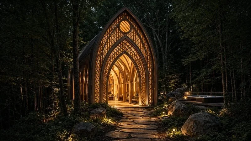 RIBBED NAVE — Sleeps 6 · 1 bed + loft bunk · 1.5 bath · ≈720 sf. A ribbed timber nave with a glowing oculus in a compact forest stay.