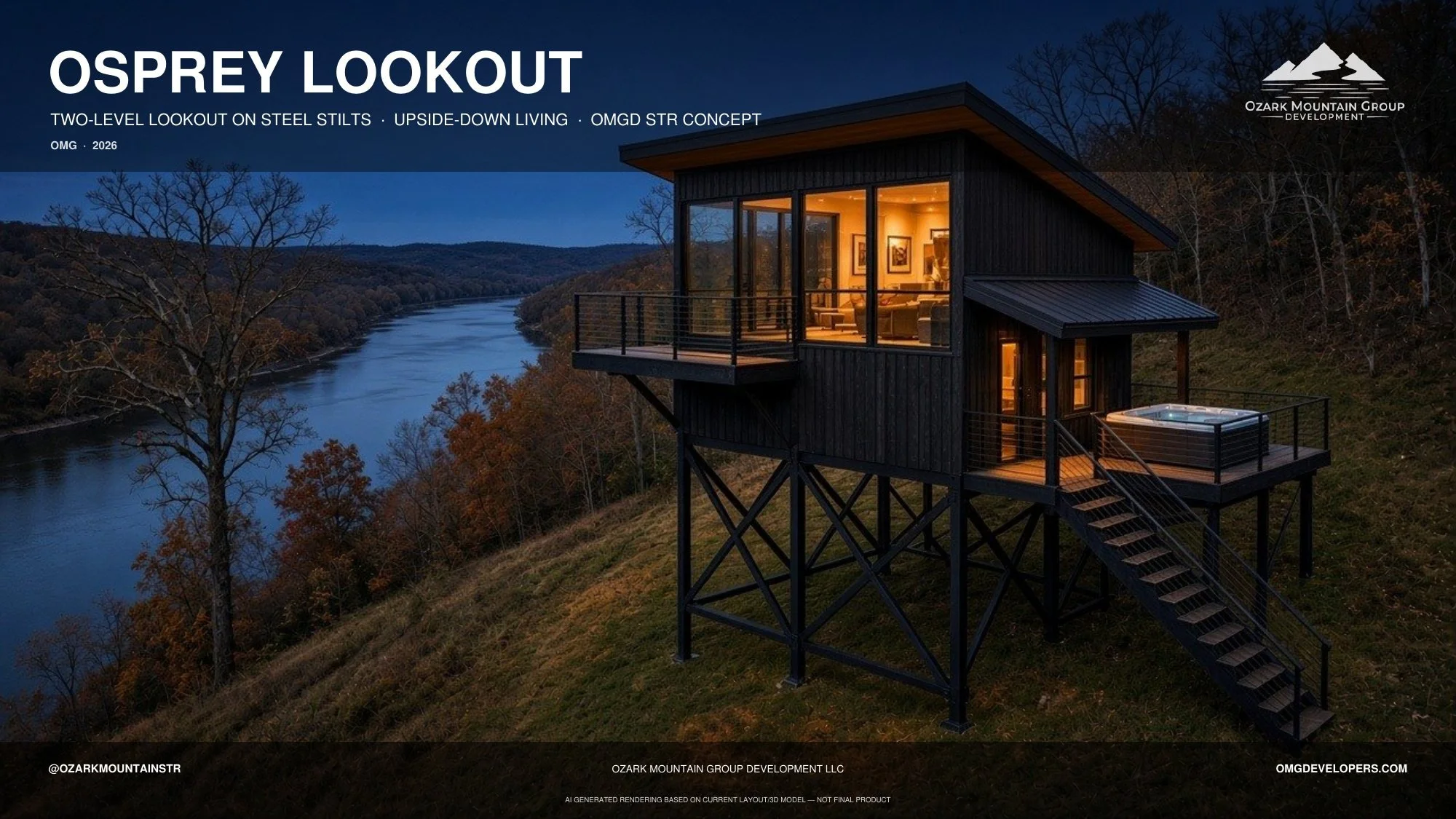 OSPREY LOOKOUT — 3 bed / 3 bath · 1,440 sf. Bedrooms on the entry level and a glass lookout level above, on steel stilts. Conceptual rendering. Final design may vary.