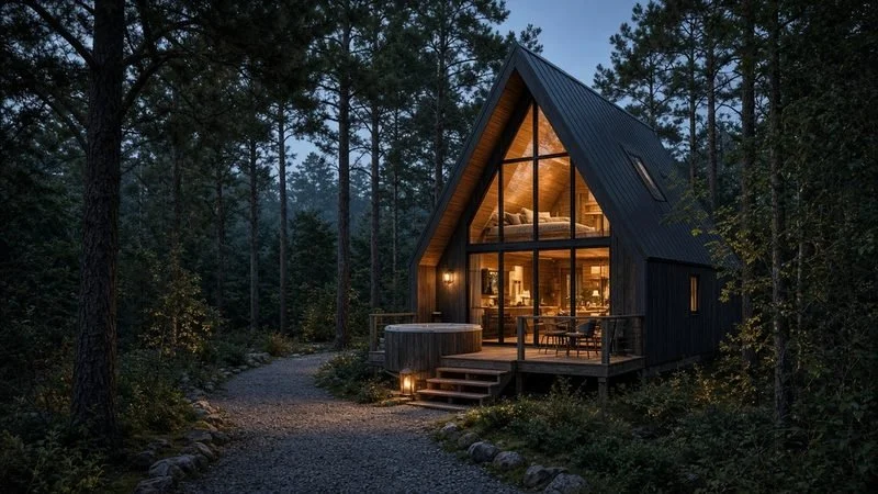 SKYLOFT — Sleeps 4 · 1 bed loft + lounge · 1 bath · ≈780 sf. Sleep under skylights in a light-wood vault with forest glass all around.