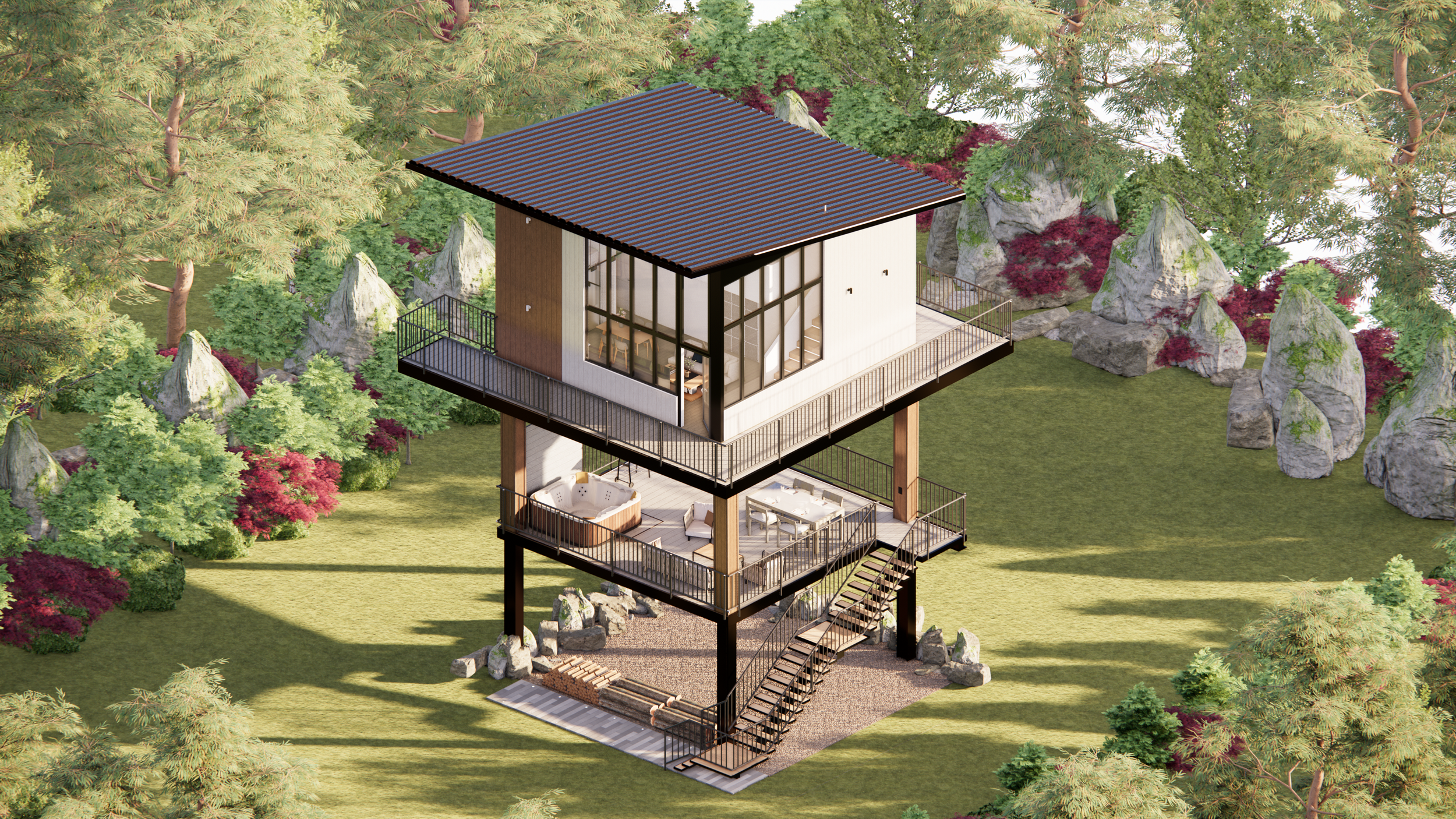 A modern multi-story house with a slanted roof, large glass windows, and balconies, situated in a landscaped garden with trees, rocks, and grass.