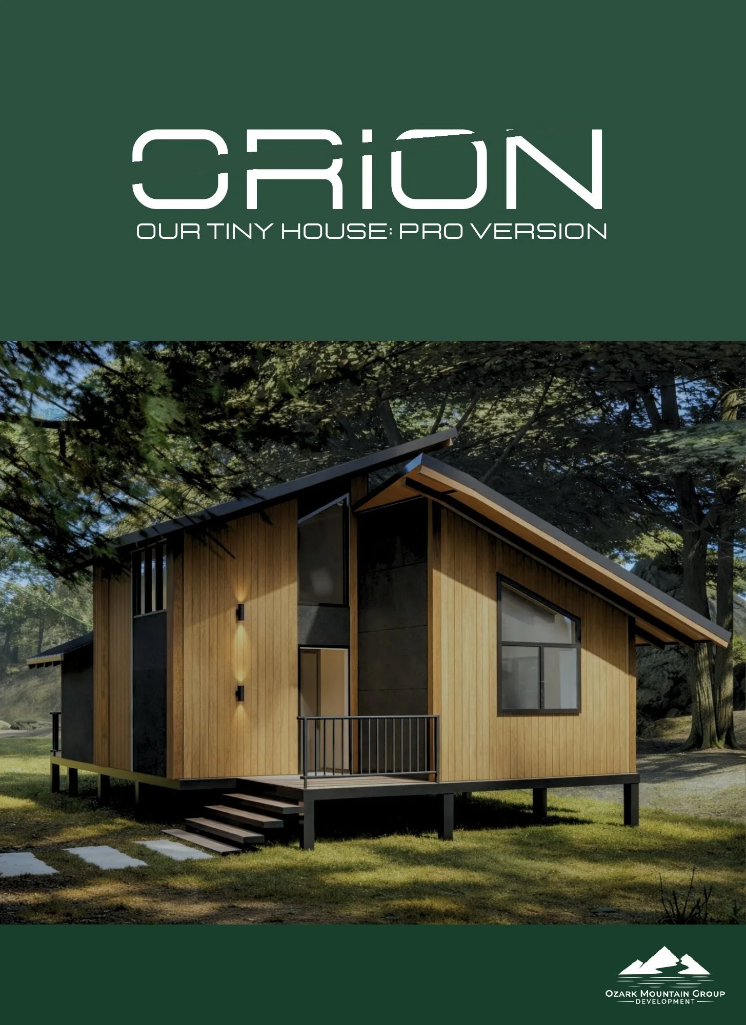 ORION — Base build $259,900 · 859 sf approx. conditioned. A compact plan with clerestory windows, opposing shed roofs, wraparound deck space and a two-person shower. Conceptual rendering. Final design may vary.