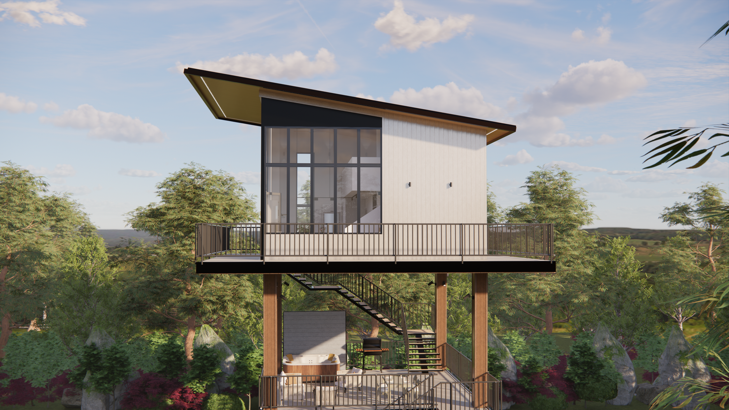 A modern two-story house elevated on wooden stilts, with large glass windows on the upper level, set in a lush green landscape with trees and rocks under a partly cloudy sky.
