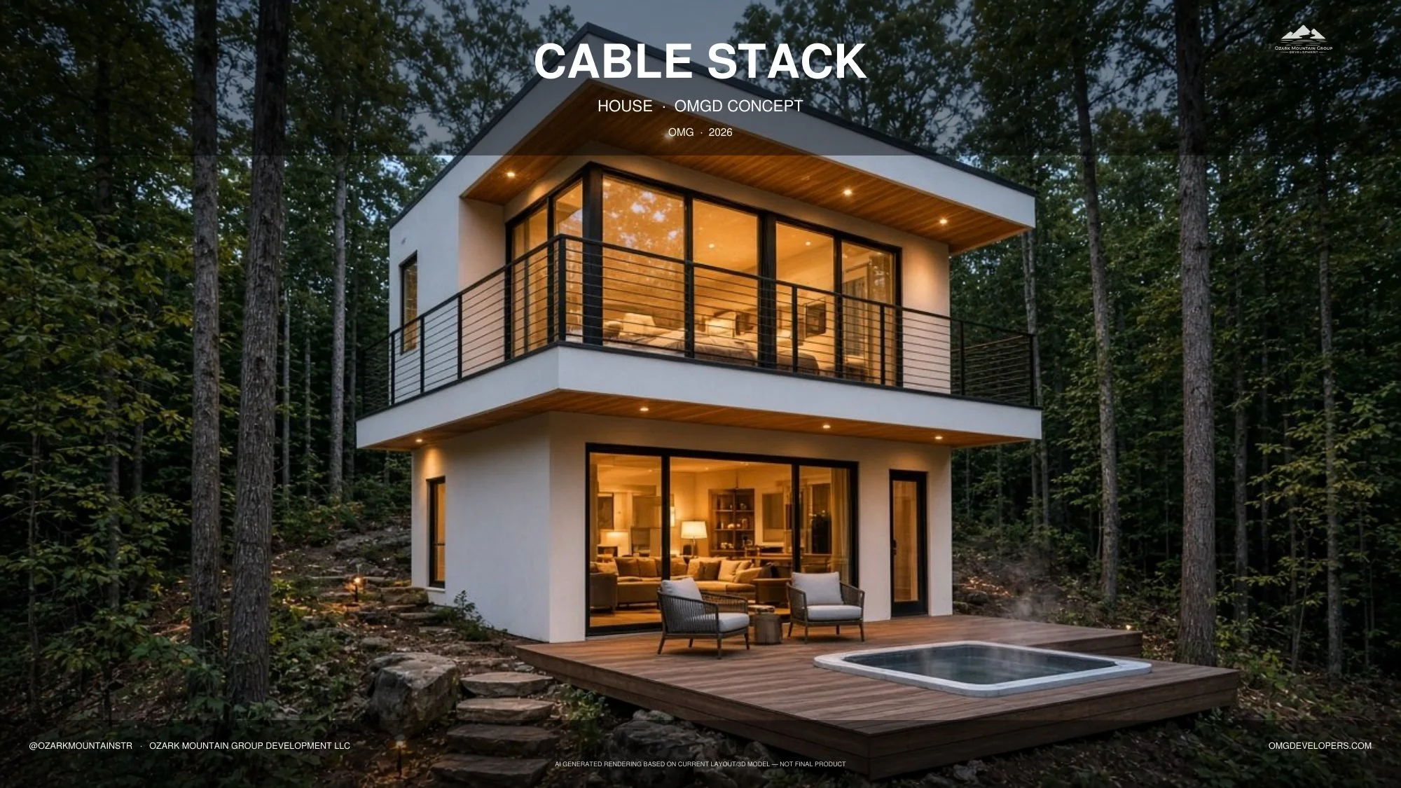 CABLE STACK — 2 bed + loft / 2 bath · 960 sf. Two stacked levels with a wraparound cable-rail balcony and a spa deck. Conceptual rendering. Final design may vary.