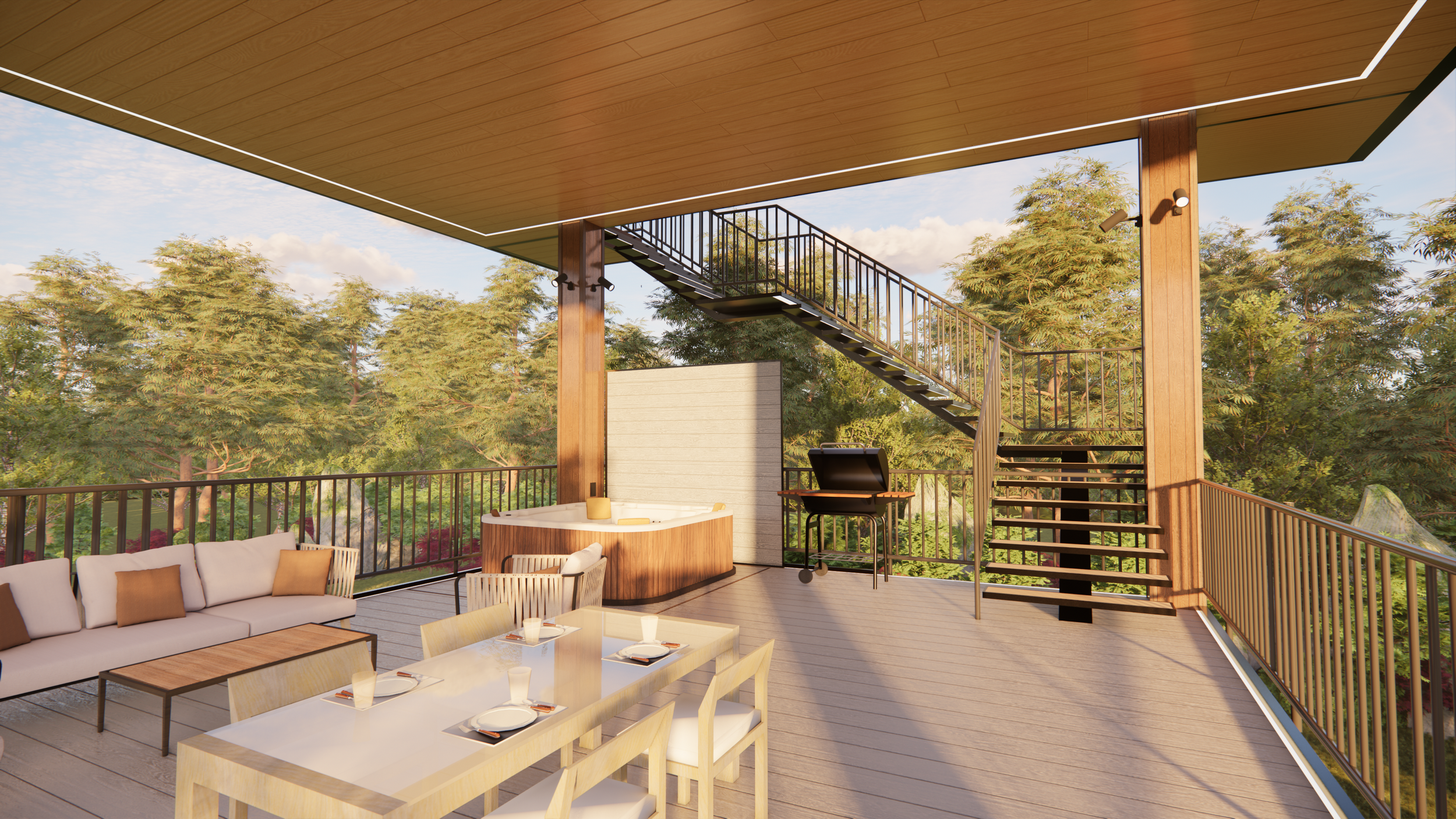 Apartment balcony with outdoor furniture, dining table set for four, sectional sofa, hot tub, barbecue grill, staircase, and lush green trees in the background