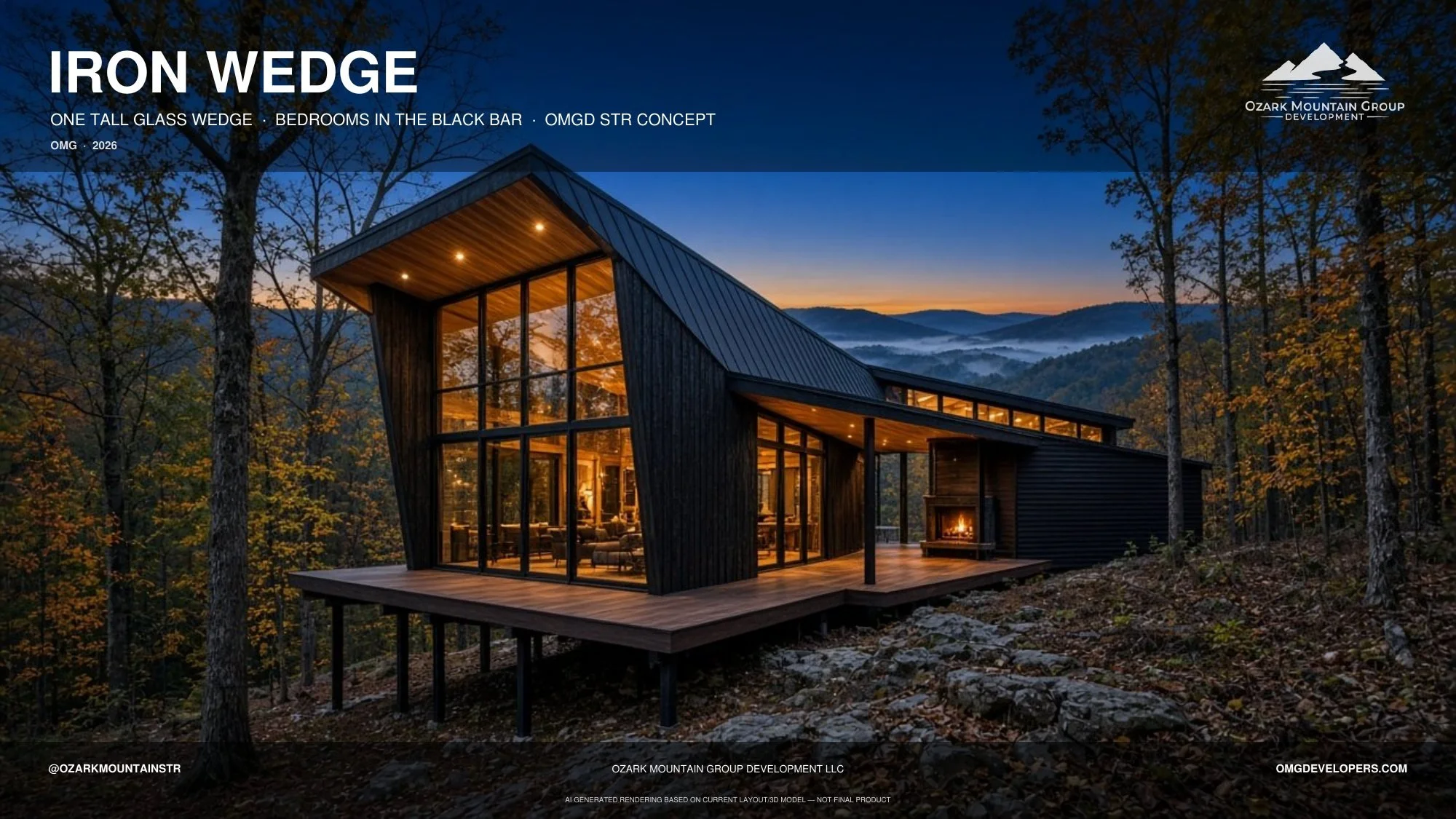 IRON WEDGE — 2 bed / 2 bath · 1,080 sf. An 18-foot glass wedge for living, with the bedrooms set in a dark-clad bar behind it. Conceptual rendering. Final design may vary.