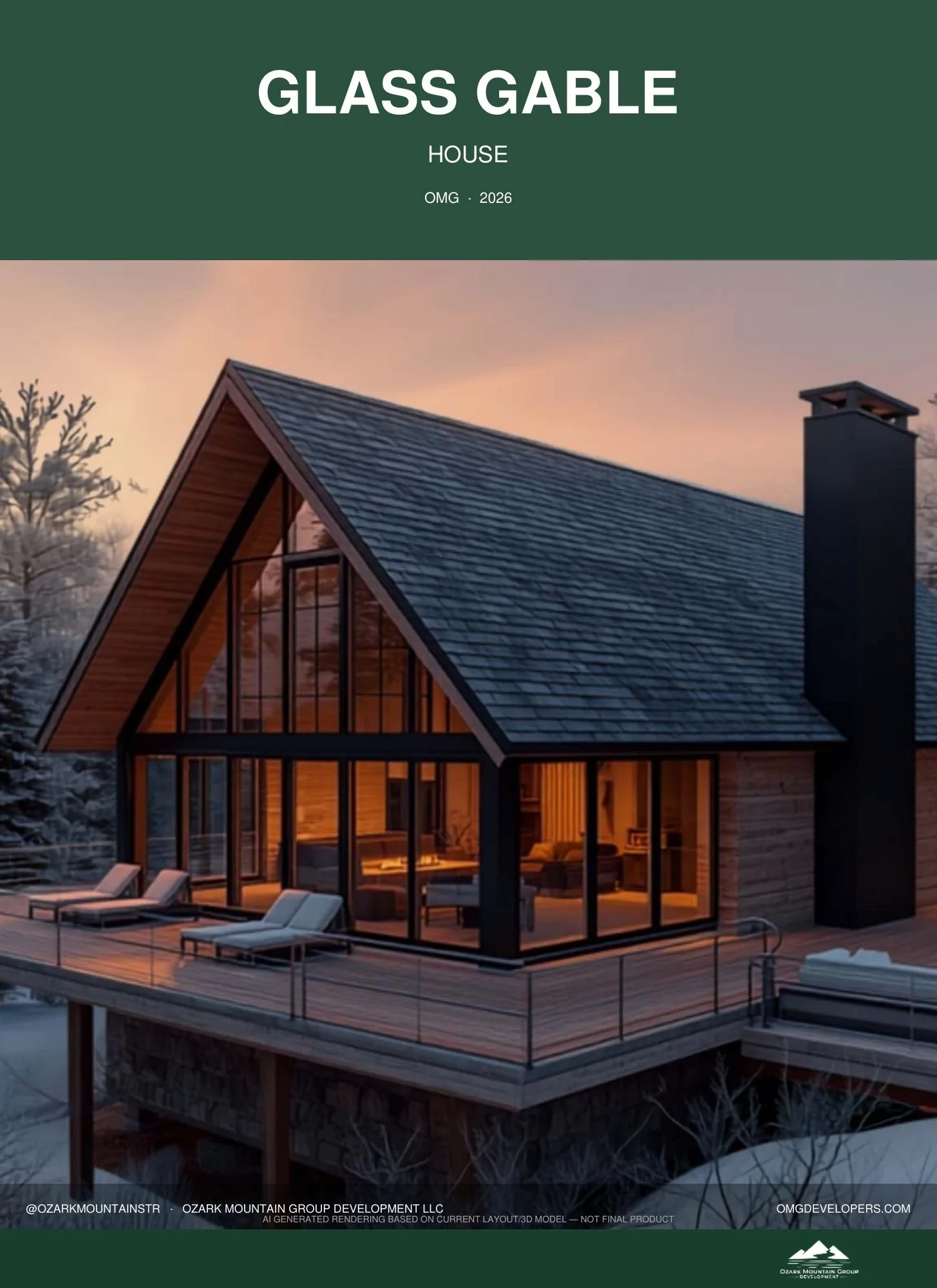 GLASS GABLE — 2 bed + loft / 2 bath · 1,180 sf. Exclusive-market plan, preview only. Conceptual rendering. Final design may vary.