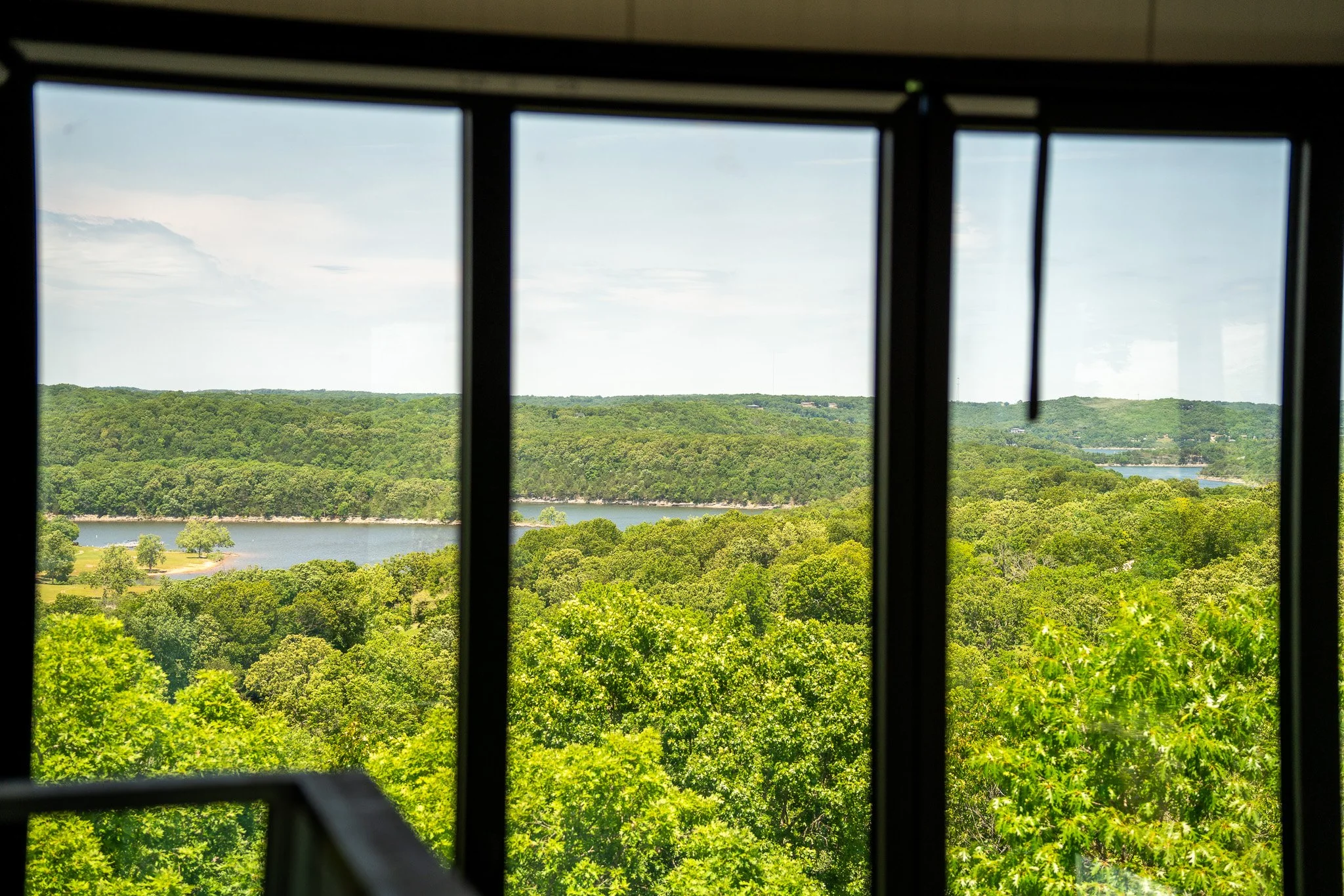 View of lush green trees, a river, and distant hills through a window with black frames.