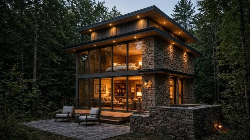 STONE LANTERN — Sleeps 4 · 1 bed + loft · 1 bath · ≈620 sf. A compact stone-and-glass lantern with a patio spa and a warm glow after dark.