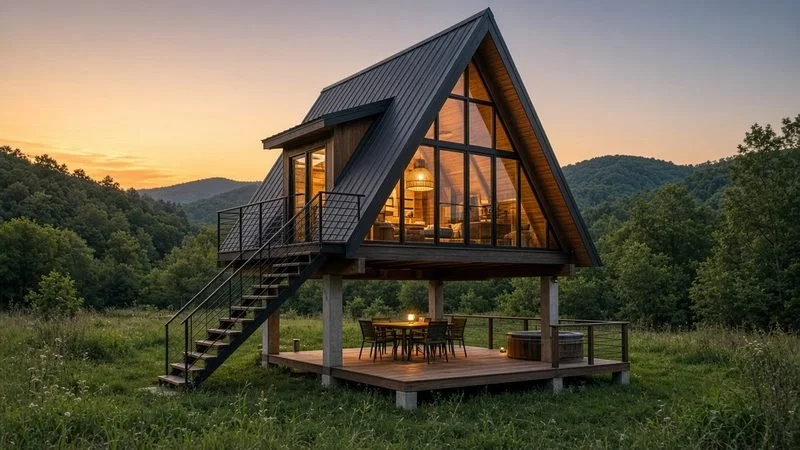 STILT GABLE — Sleeps 4 · 1 bed loft studio · 1 bath · ≈520 sf. A glass gable lifted on stilts, with dinner in the undercroft.